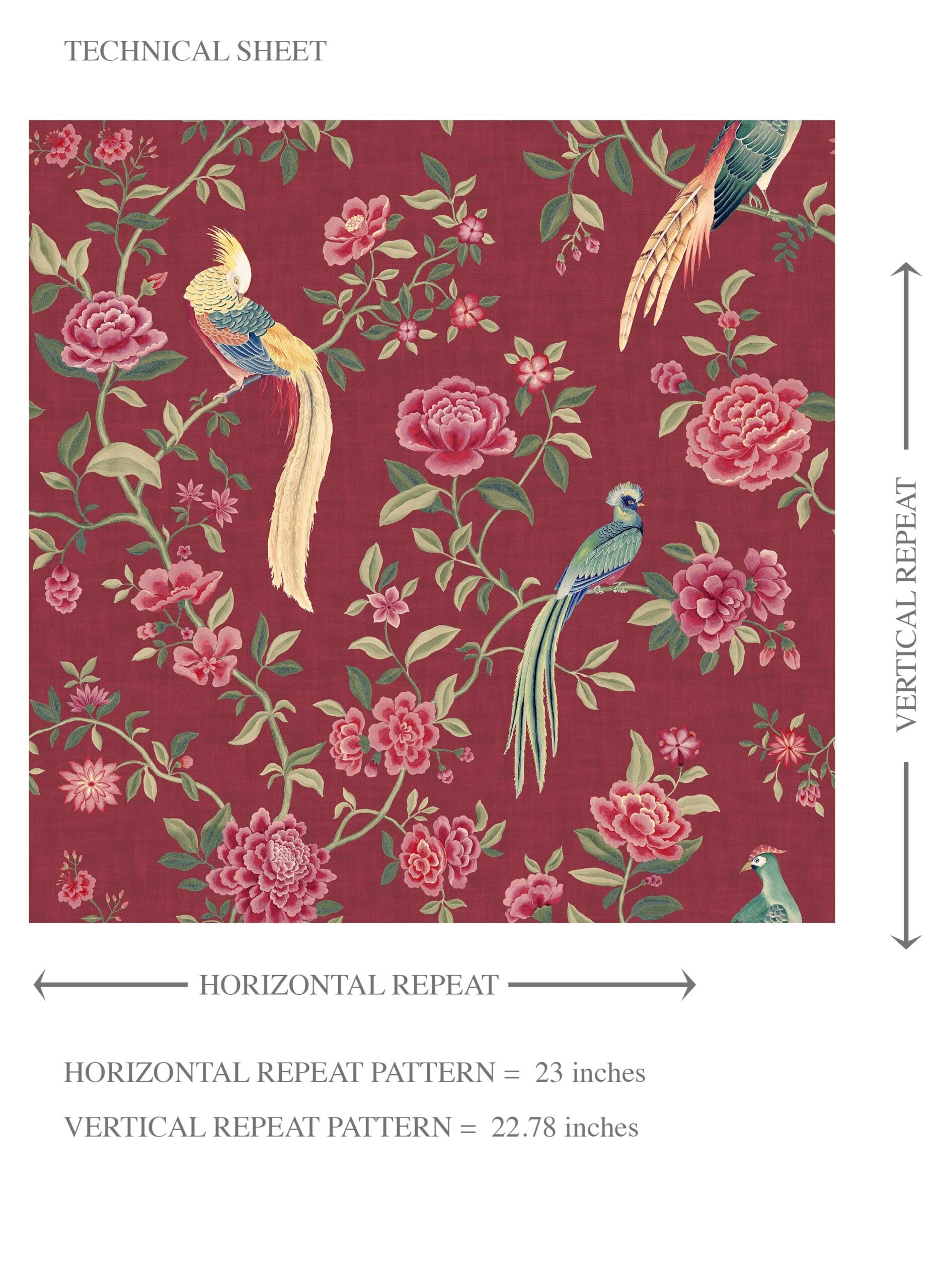 Floral Chinoiserie/ Nature Bird Print Kids Room Wallpaper Sample (Red/ Pink/ Green/ Yellow)