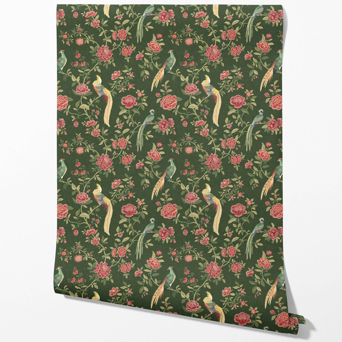 Floral Chinoiserie/ Nature Bird Print Traditional Wallpaper Sample (Green/ Pink/ Yellow)