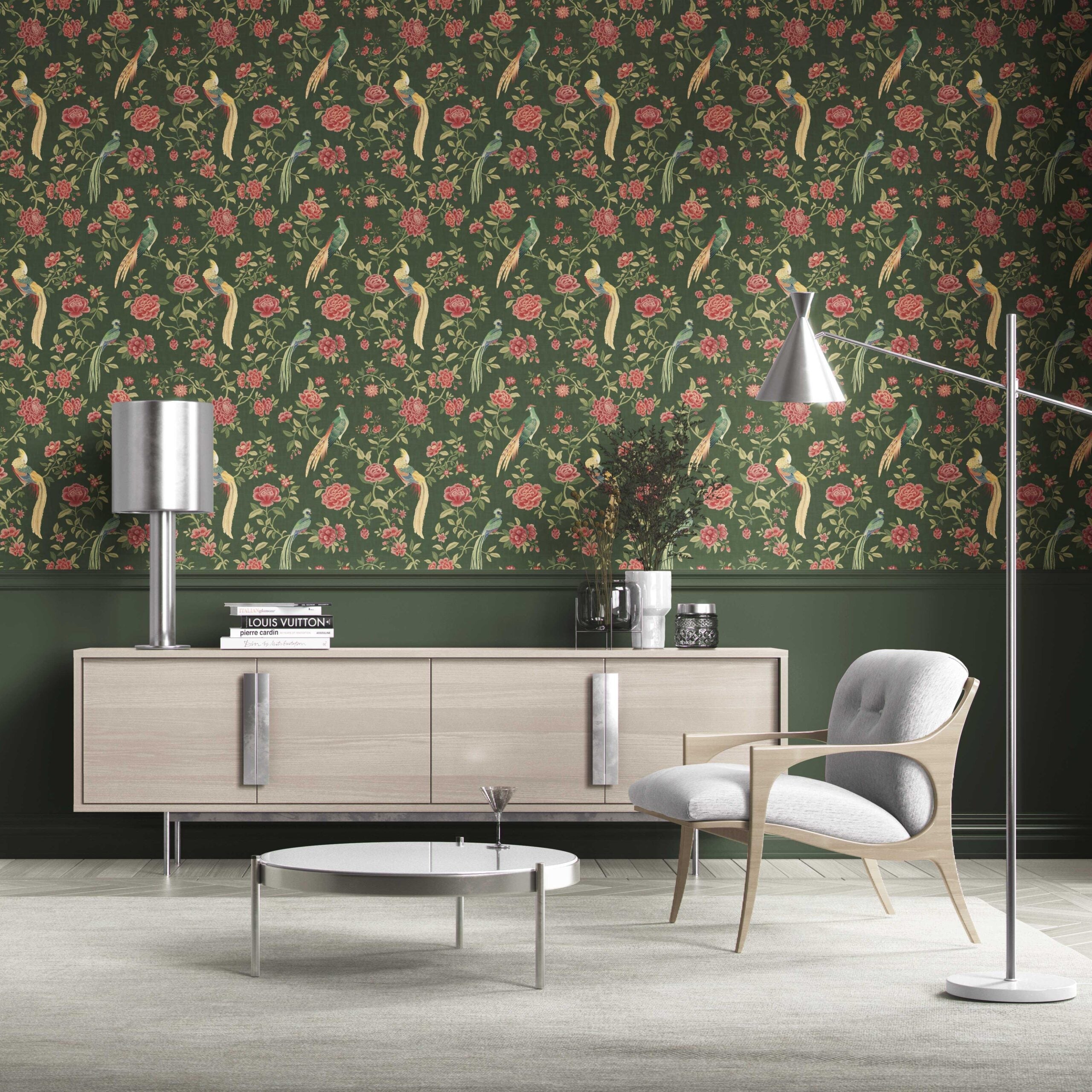 Floral Chinoiserie/ Nature Bird Print Kitchen Wallpaper (Green/ Pink/ Yellow)