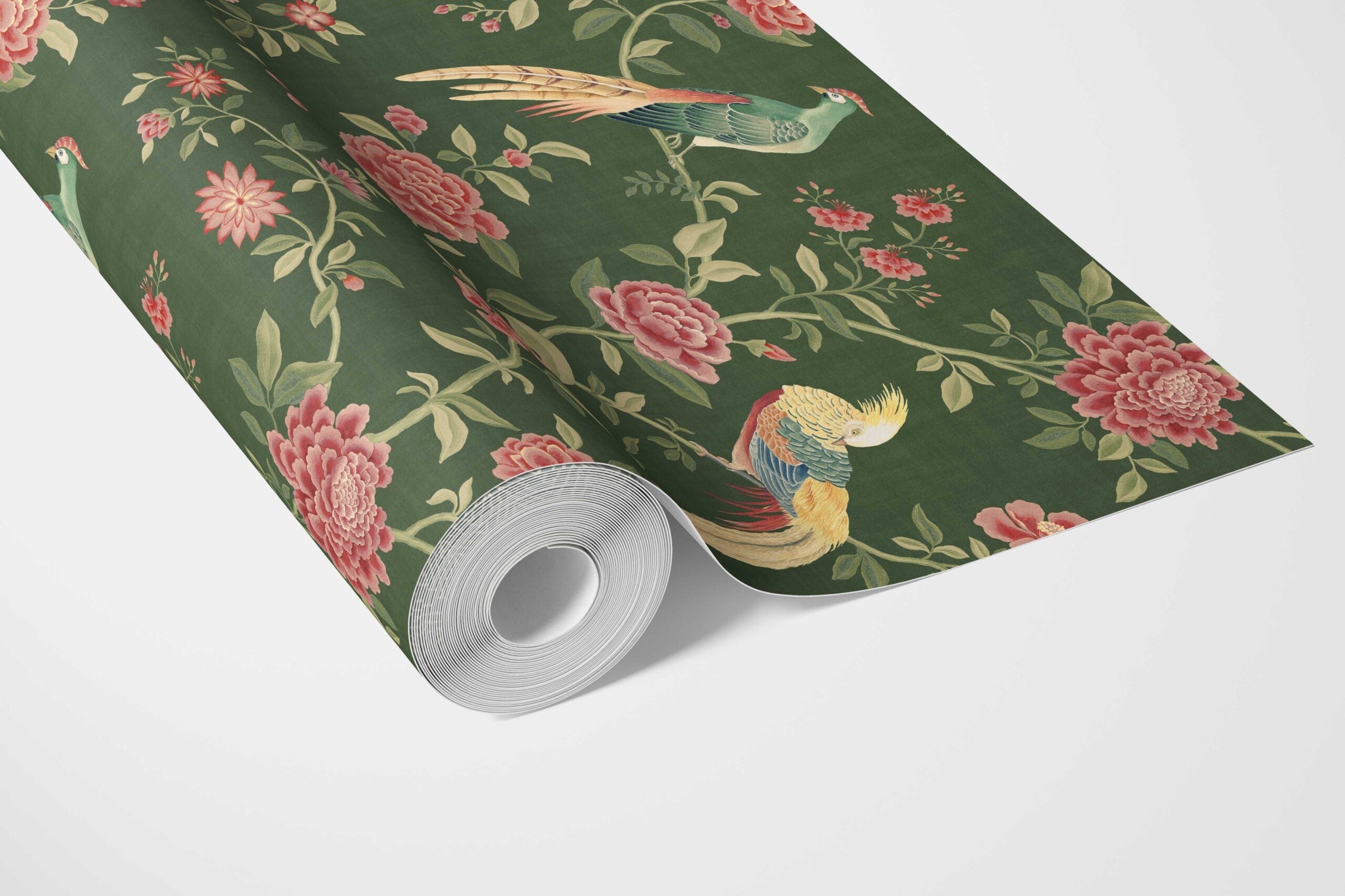 Floral Chinoiserie/ Nature Bird Print Bathroom Wallpaper (Green/ Pink/ Yellow)