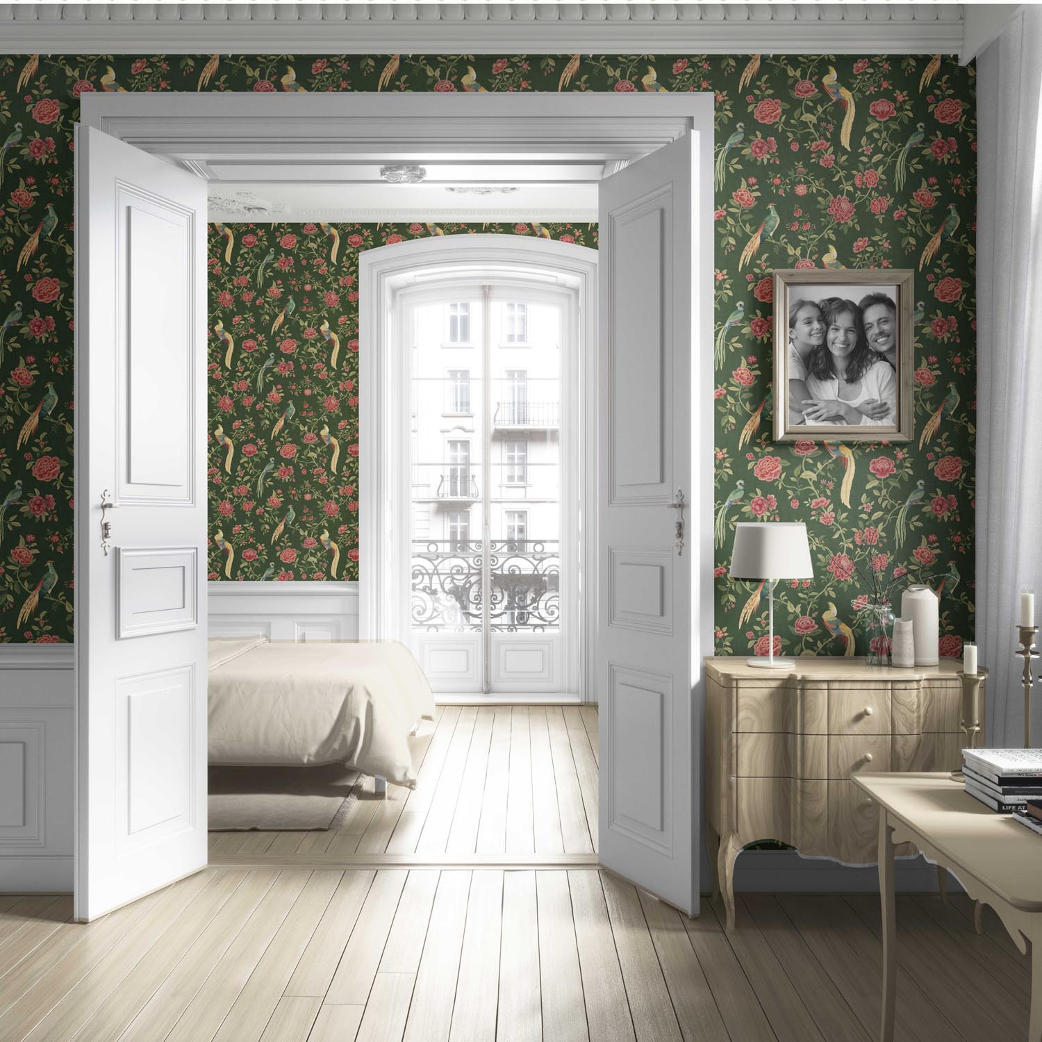 Floral Chinoiserie/ Nature Bird Print Living Room Wallpaper (Green/ Pink/ Yellow)