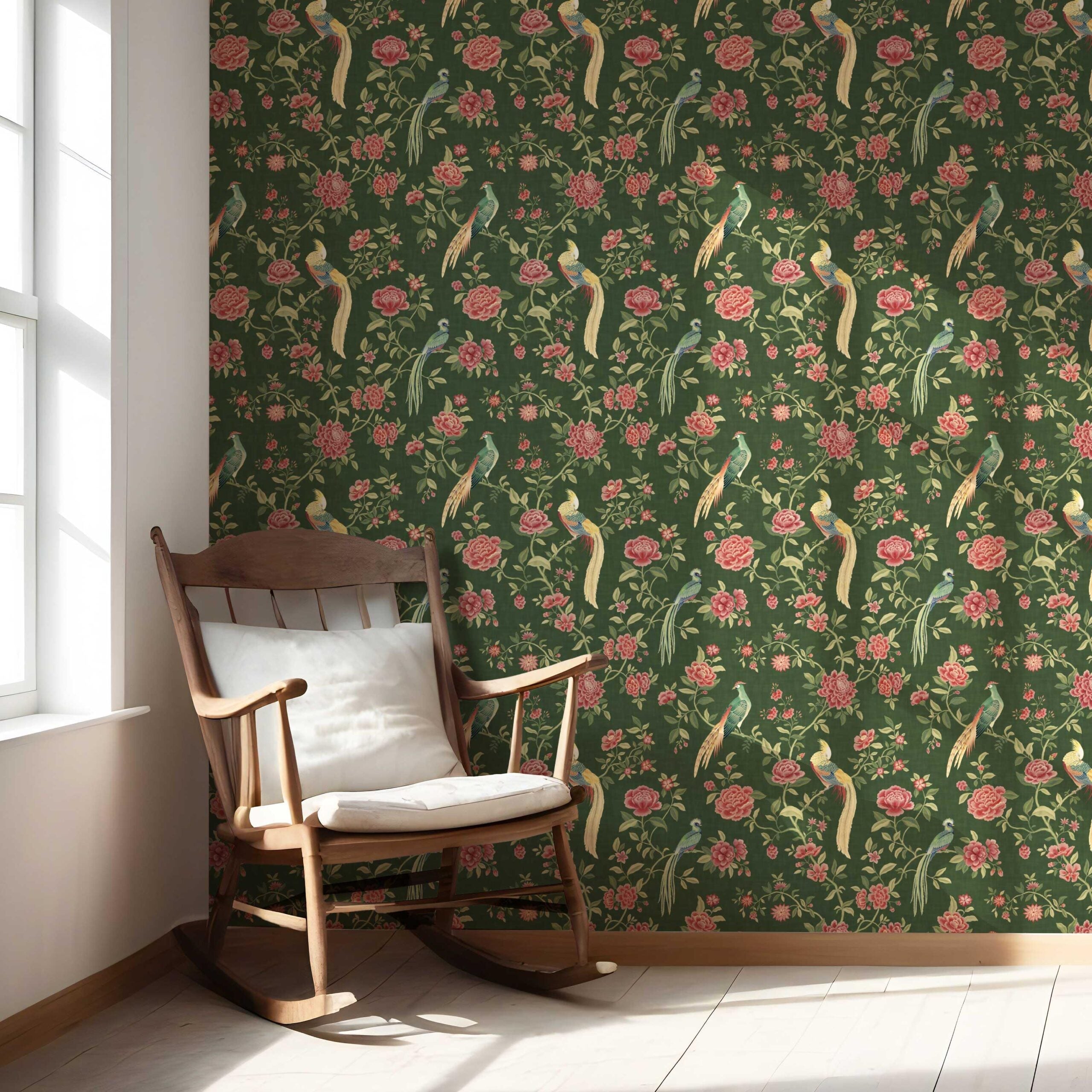 Floral Chinoiserie/ Nature Bird Print Nursery Wallpaper (Green/ Pink/ Yellow)