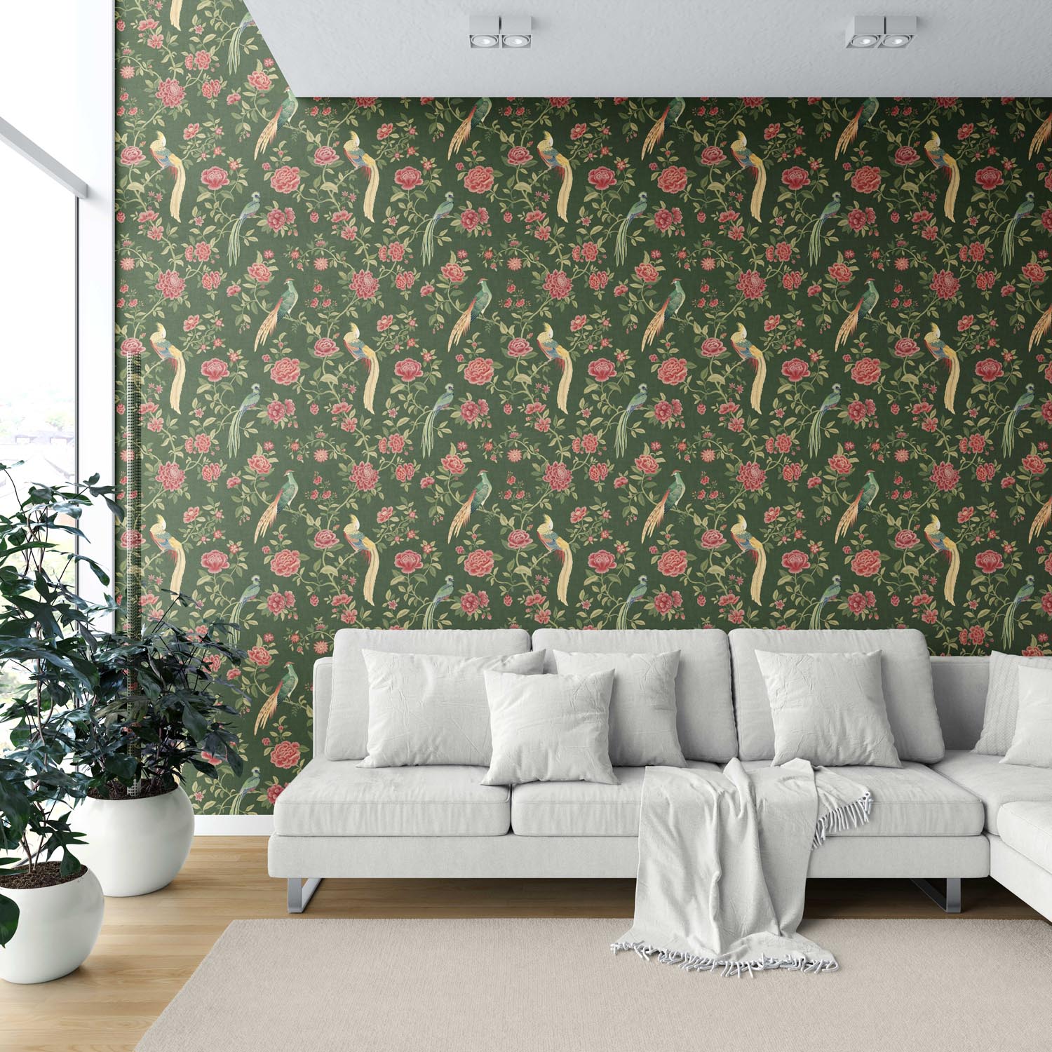 Floral Chinoiserie/ Nature Bird Print Shower Toilet Wallpaper (Green/ Pink/ Yellow)