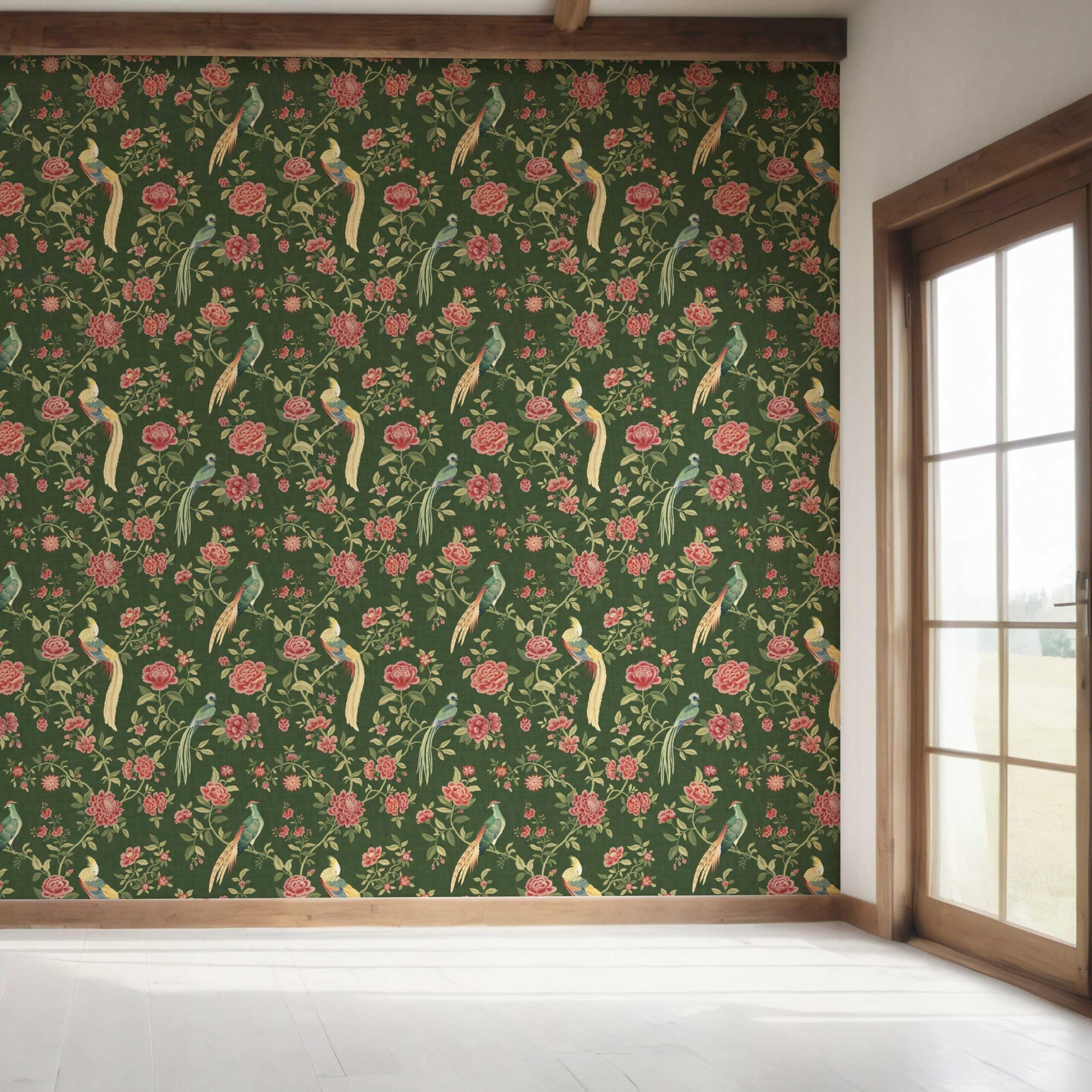 Floral Chinoiserie/ Nature Bird Print Bedroom Wallpaper (Green/ Pink/ Yellow)