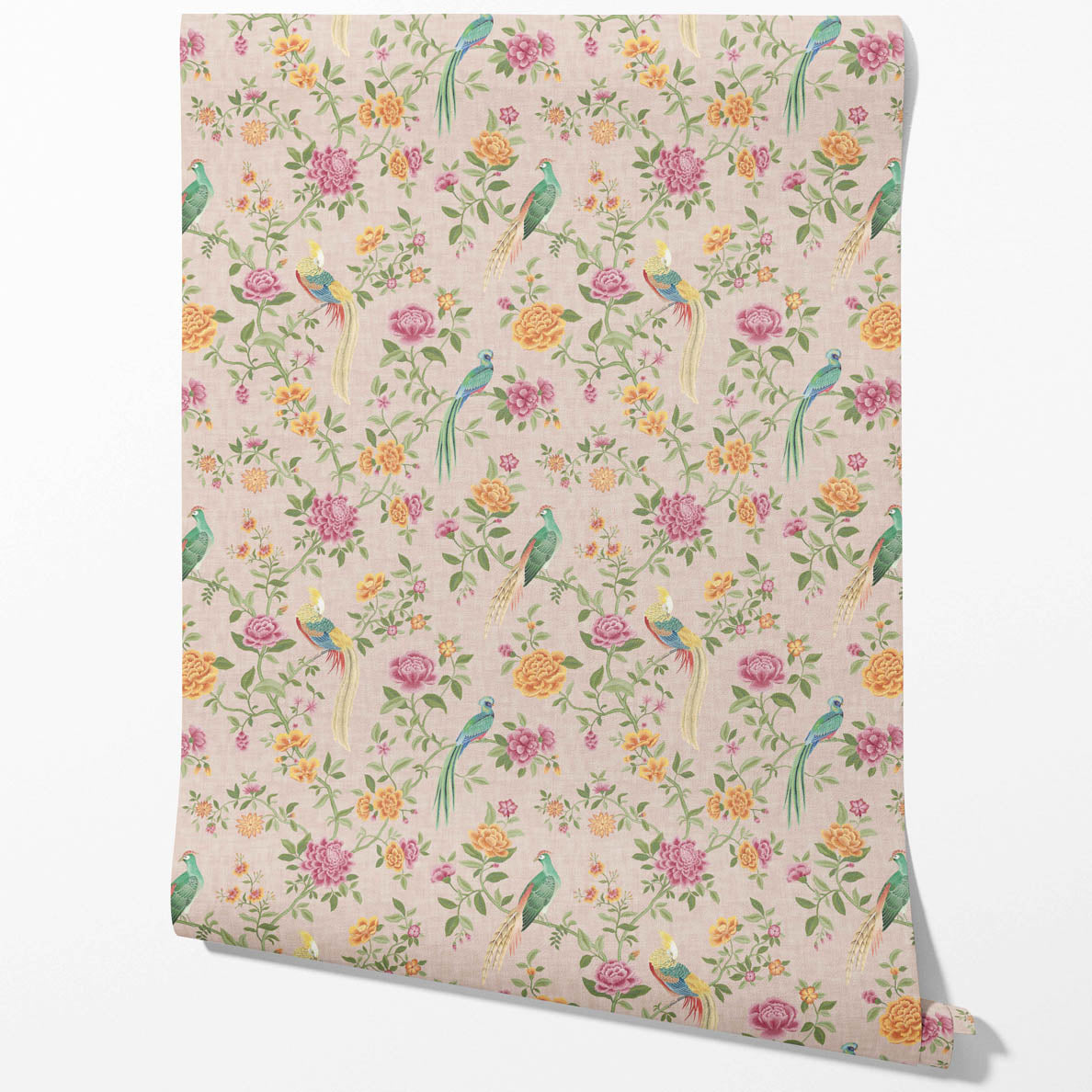 Floral Chinoiserie/ Nature Bird Print Traditional Wallpaper Sample (Pale Pink/ Green/ Blue/ Orange/ Yellow)