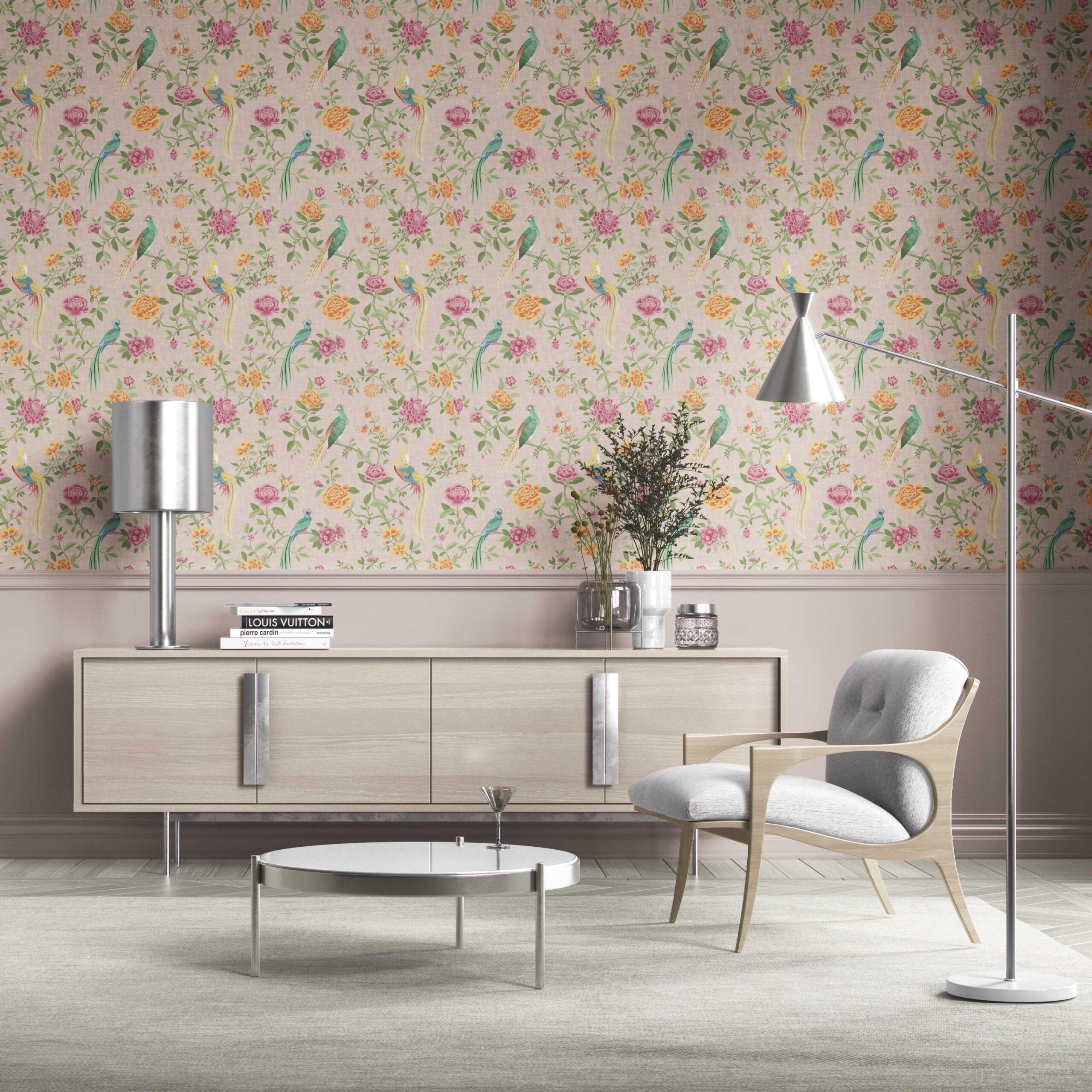 Floral Chinoiserie/ Nature Bird Print Kitchen Wallpaper (Pale Pink/ Green/ Blue/ Orange/ Yellow)
