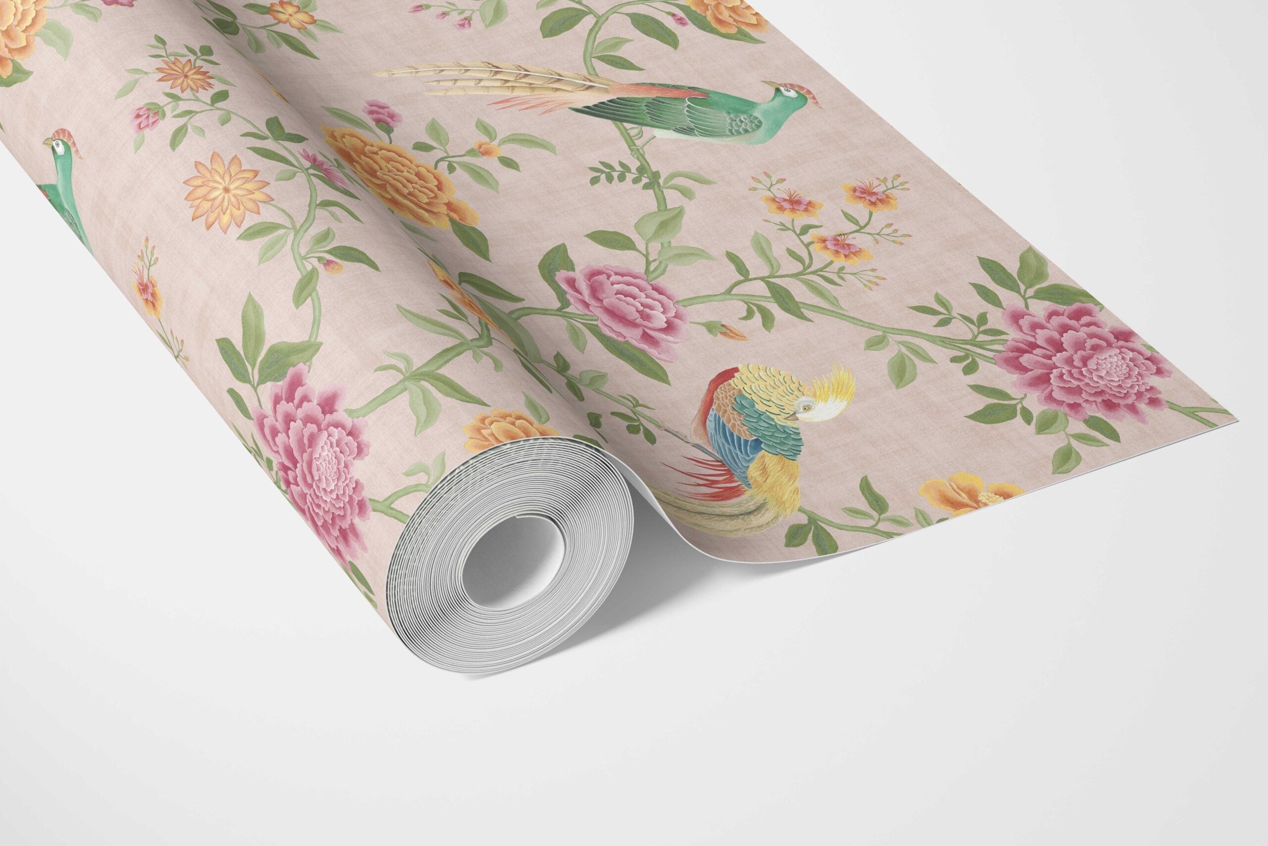 Floral Chinoiserie/ Nature Bird Print Bathroom Wallpaper Sample (Pale Pink/ Green/ Blue/ Orange/ Yellow)