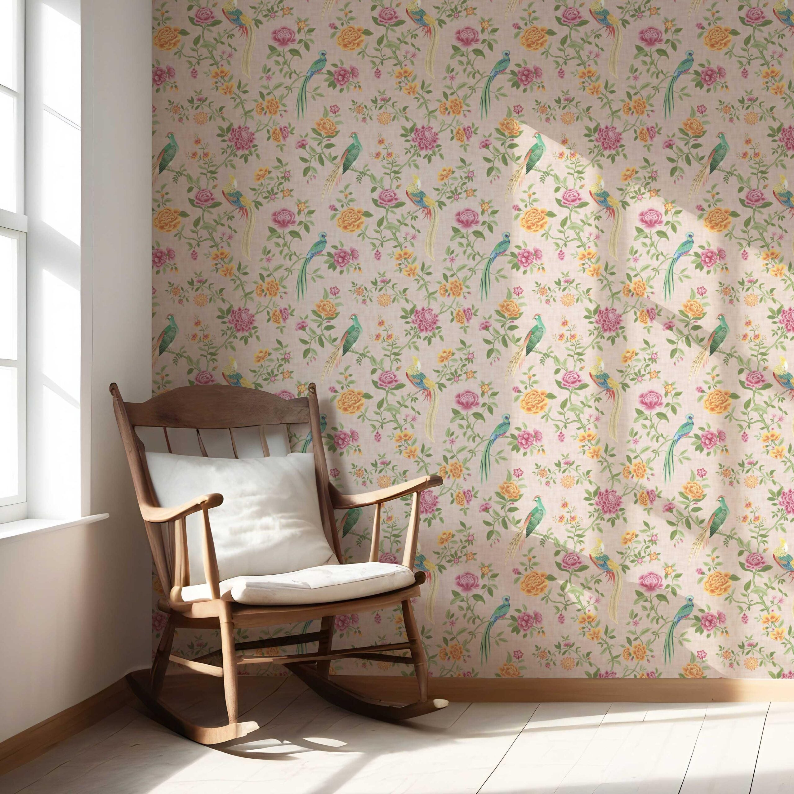Floral Chinoiserie/ Nature Bird Print Nursery Wallpaper Sample (Pale Pink/ Green/ Blue/ Orange/ Yellow)