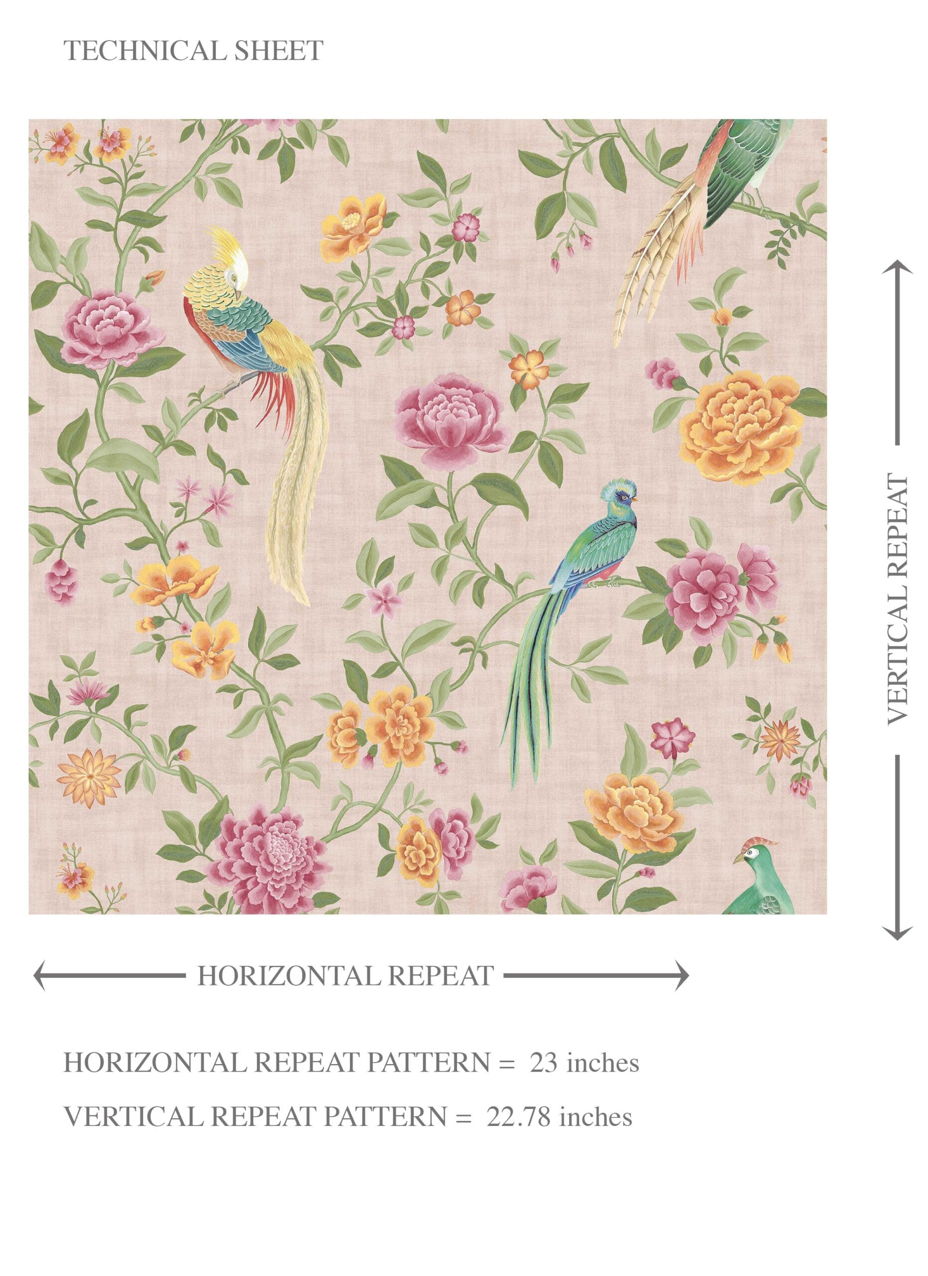 Floral Chinoiserie/ Nature Bird Print Kids Room Wallpaper (Pale Pink/ Green/ Blue/ Orange/ Yellow)