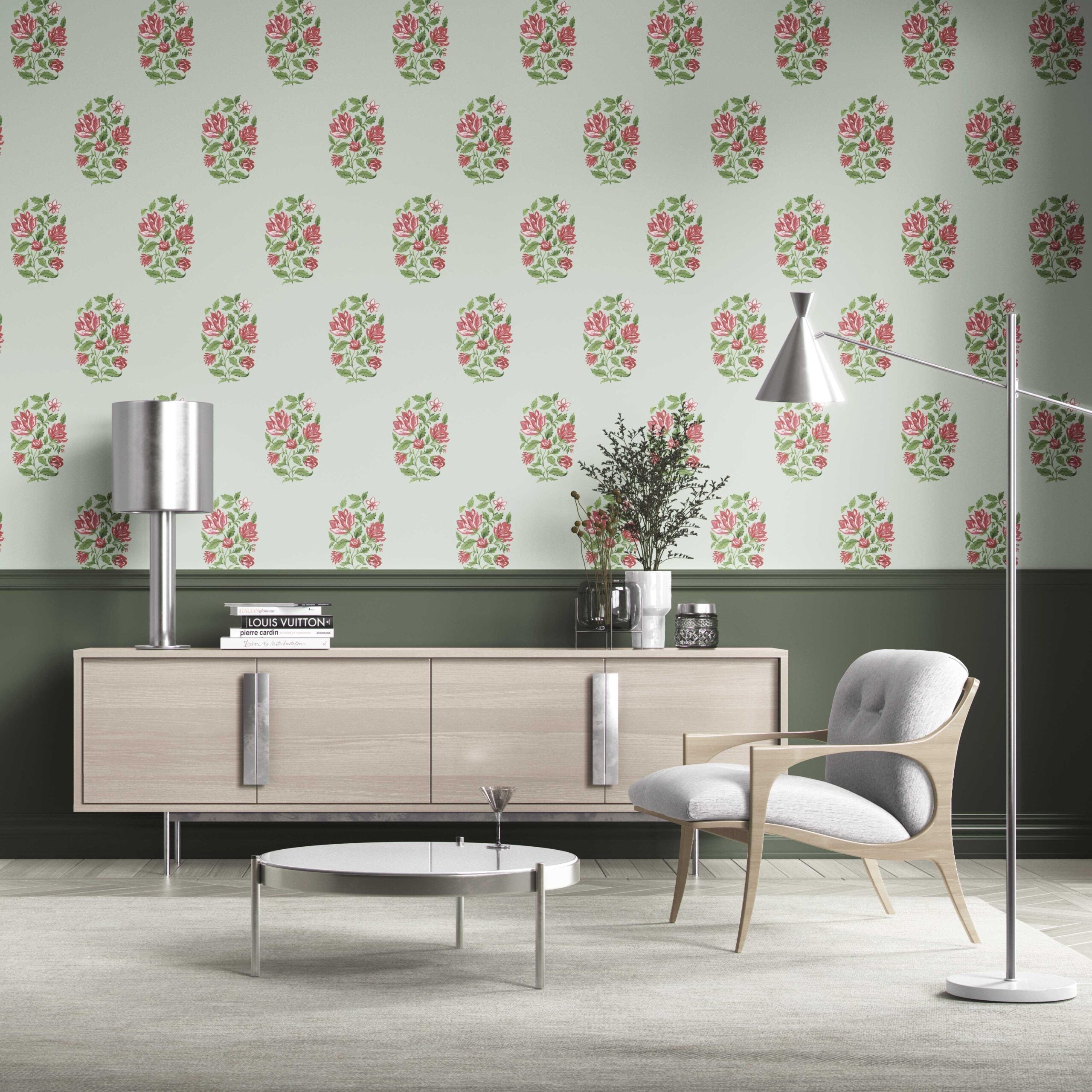 Floral Block Print Traditional Wallpaper (Mint Green/ Pink-Red)