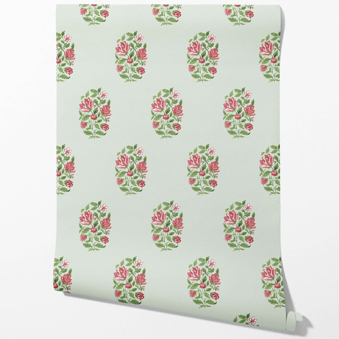 Floral Block Print Kitchen Wallpaper (Mint Green/ Pink-Red)