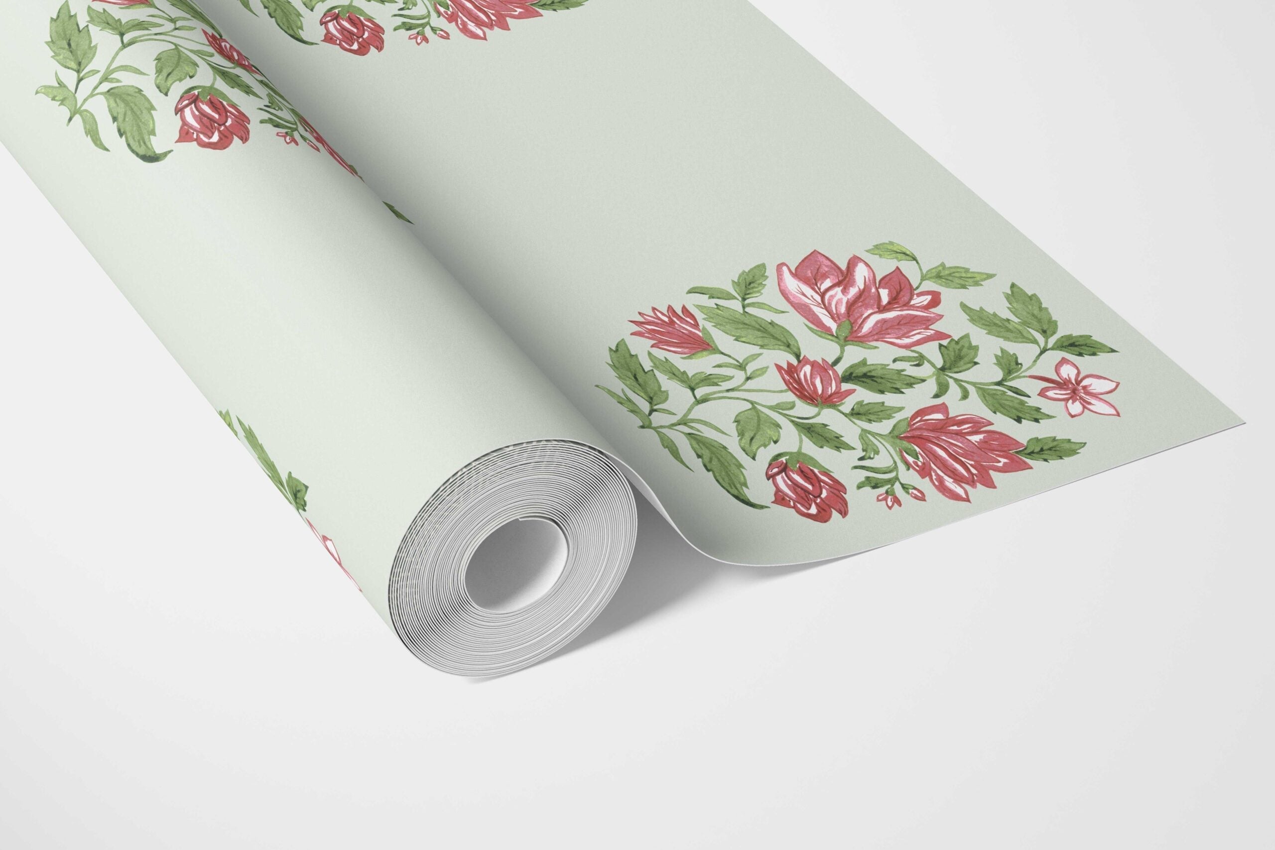 Floral Block Print Bathroom Wallpaper (Mint Green/ Pink-Red)