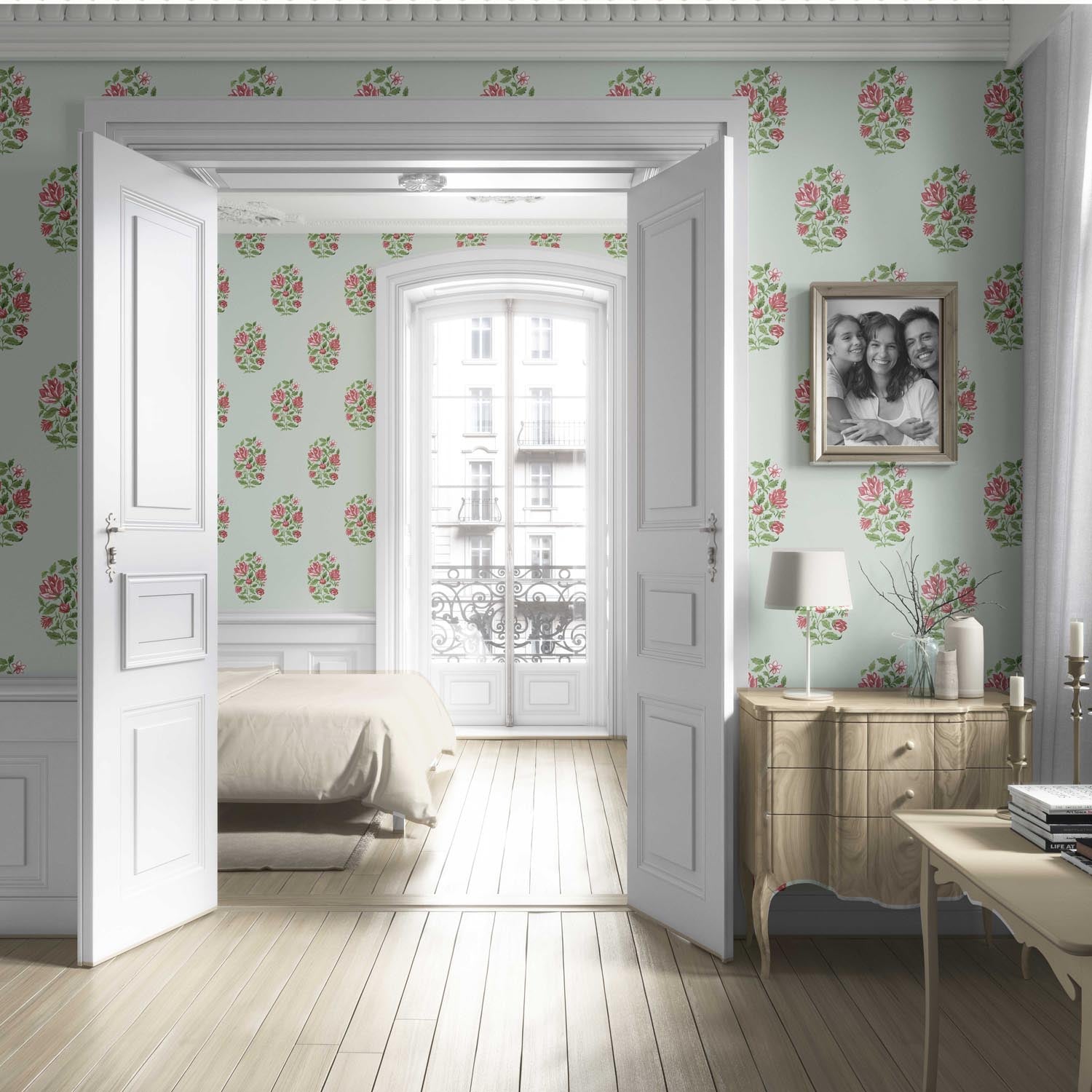 Floral Block Print Living Room Wallpaper (Mint Green/ Pink-Red)