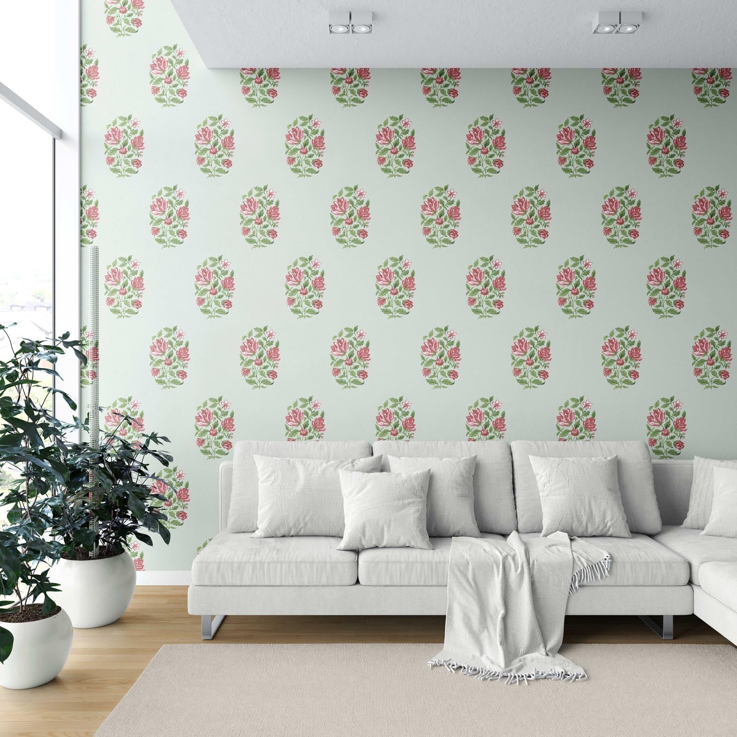 Floral Block Print Shower Toilet Wallpaper (Mint Green/ Pink-Red)