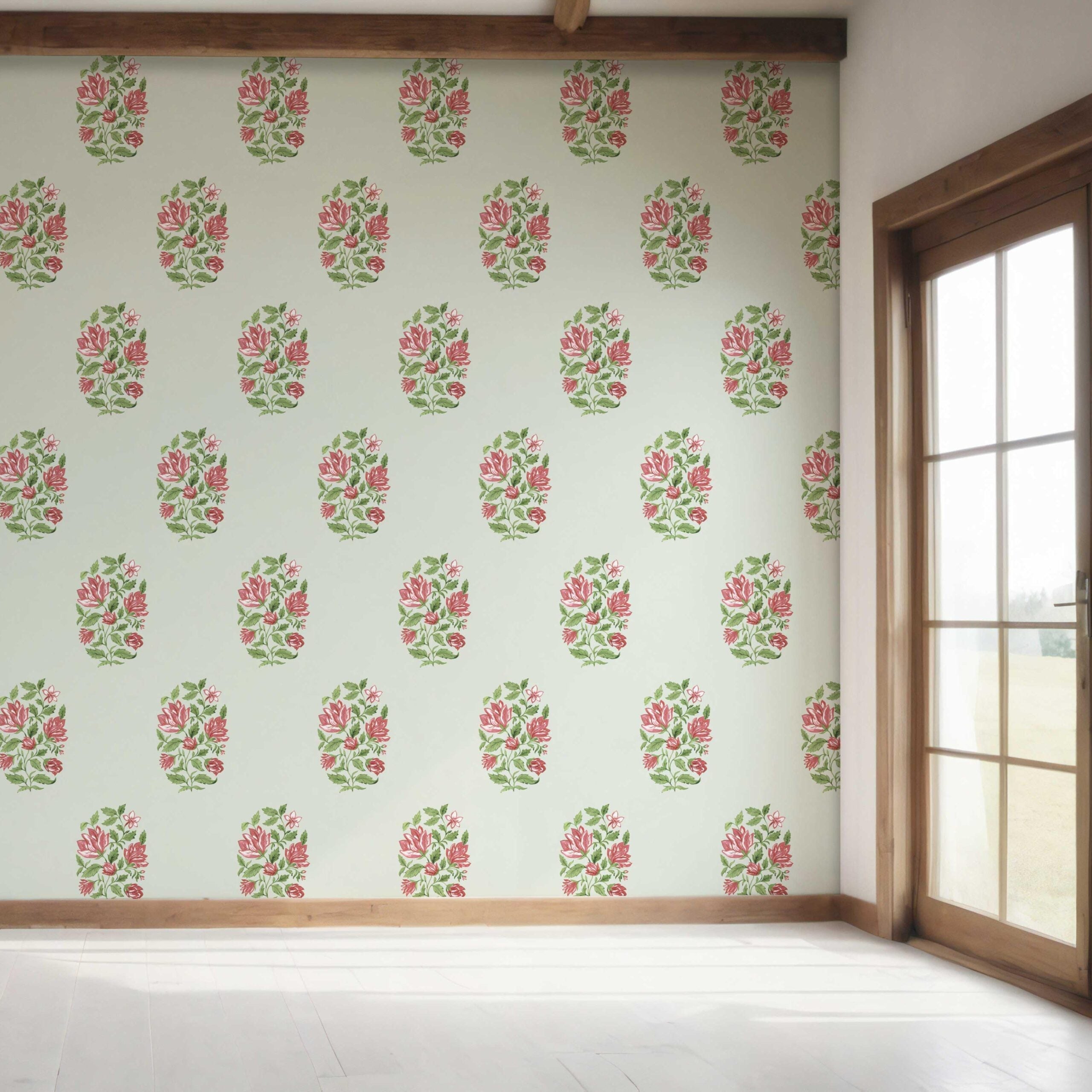 Floral Block Print Bedroom Wallpaper (Mint Green/ Pink-Red)