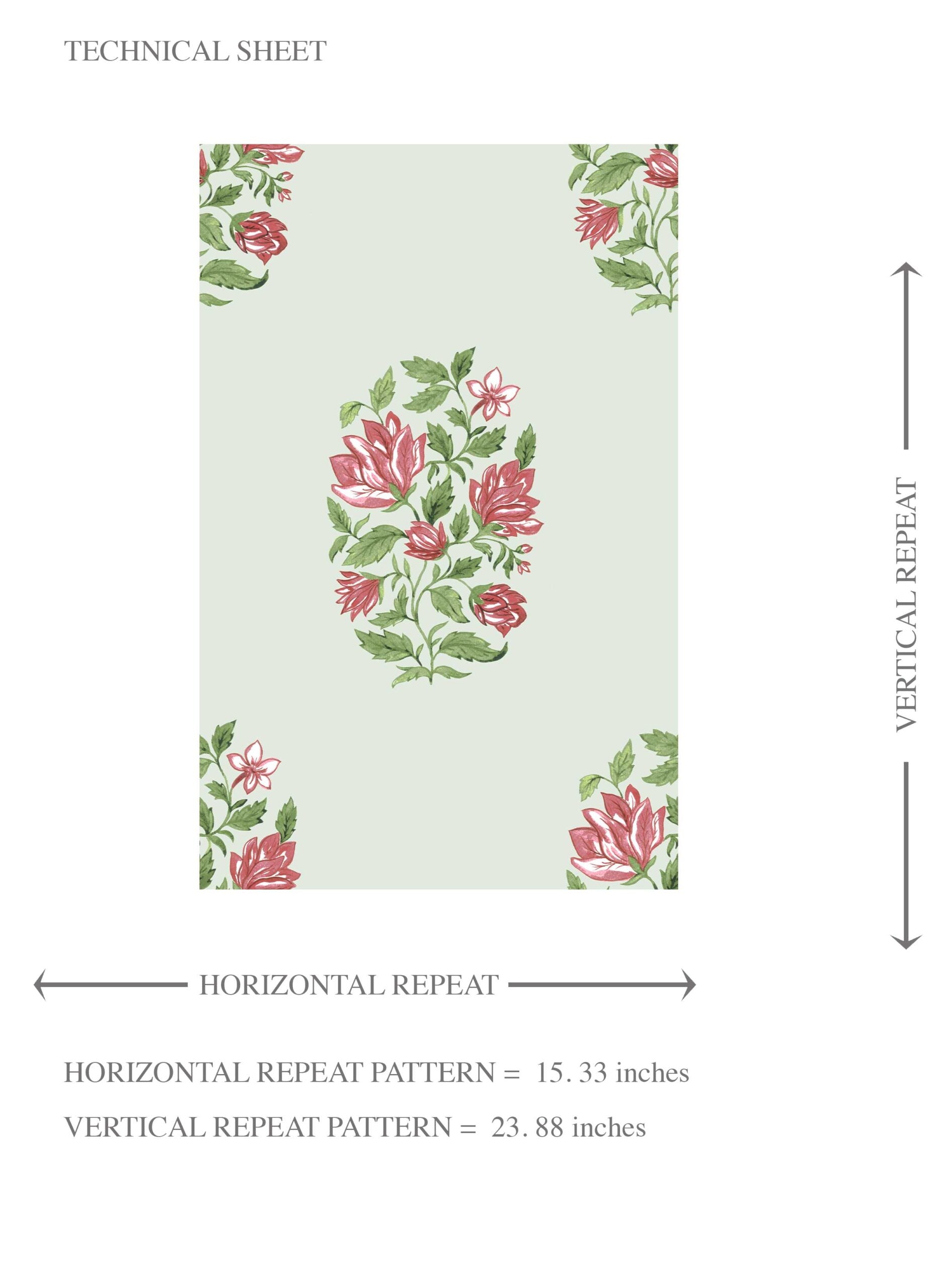 Floral Block Print Kids Room Wallpaper Sample (Mint Green/ Pink-Red)