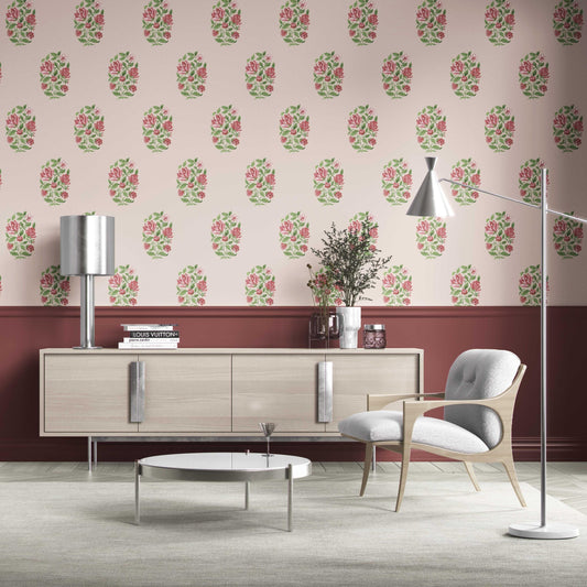 Floral Block Print Traditional Wallpaper (Pink/ Green)