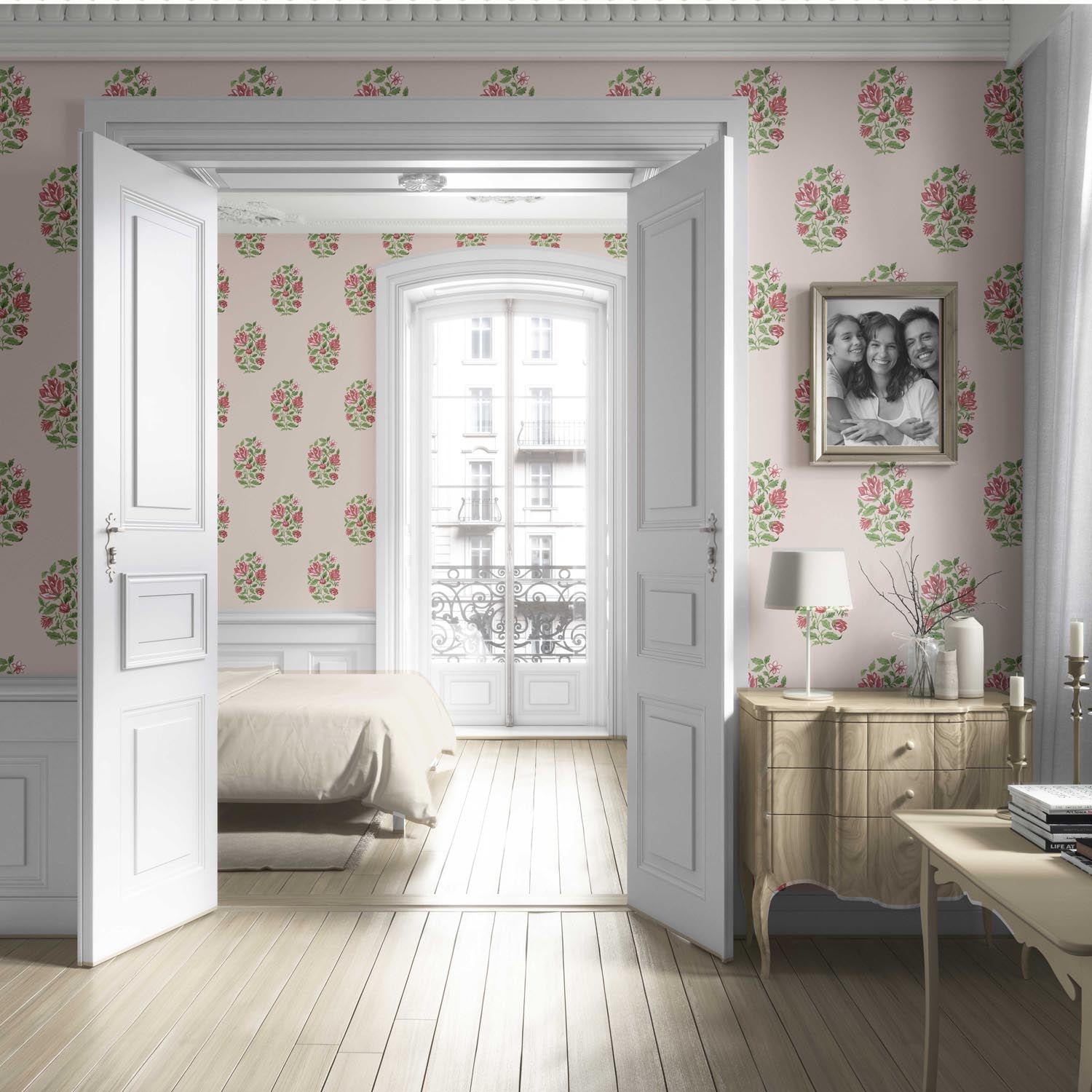 Floral Block Print Living Room Wallpaper Sample (Pink/ Green)