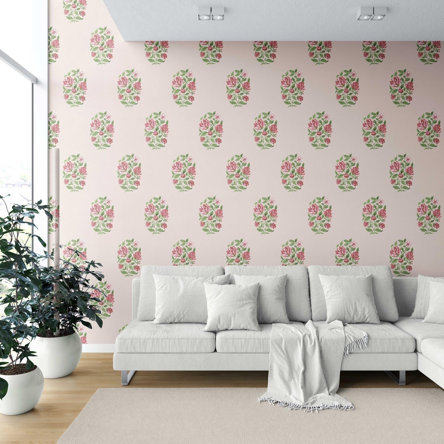 Floral Block Print Shower Toilet Wallpaper Sample (Pink/ Green)