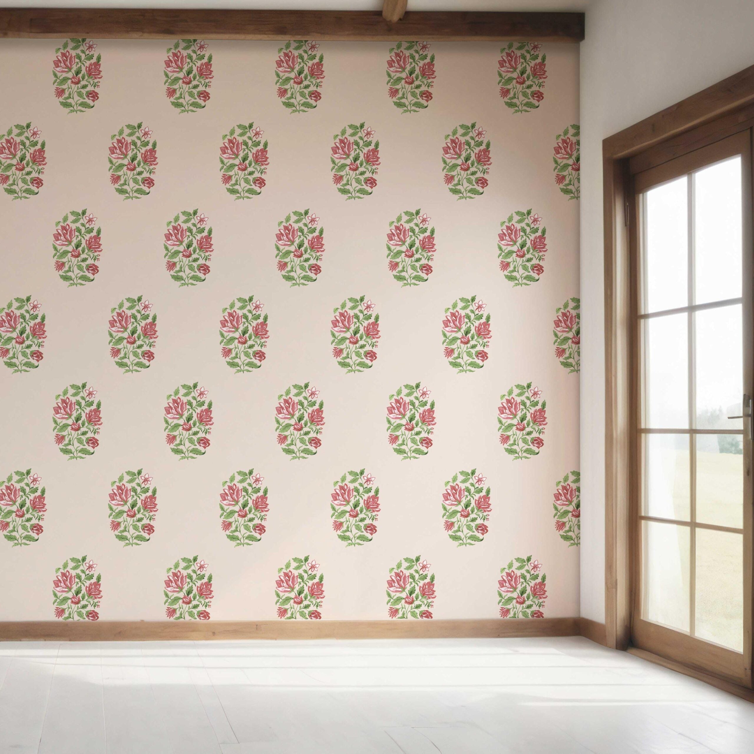 Floral Block Print Bedroom Wallpaper Sample (Pink/ Green)