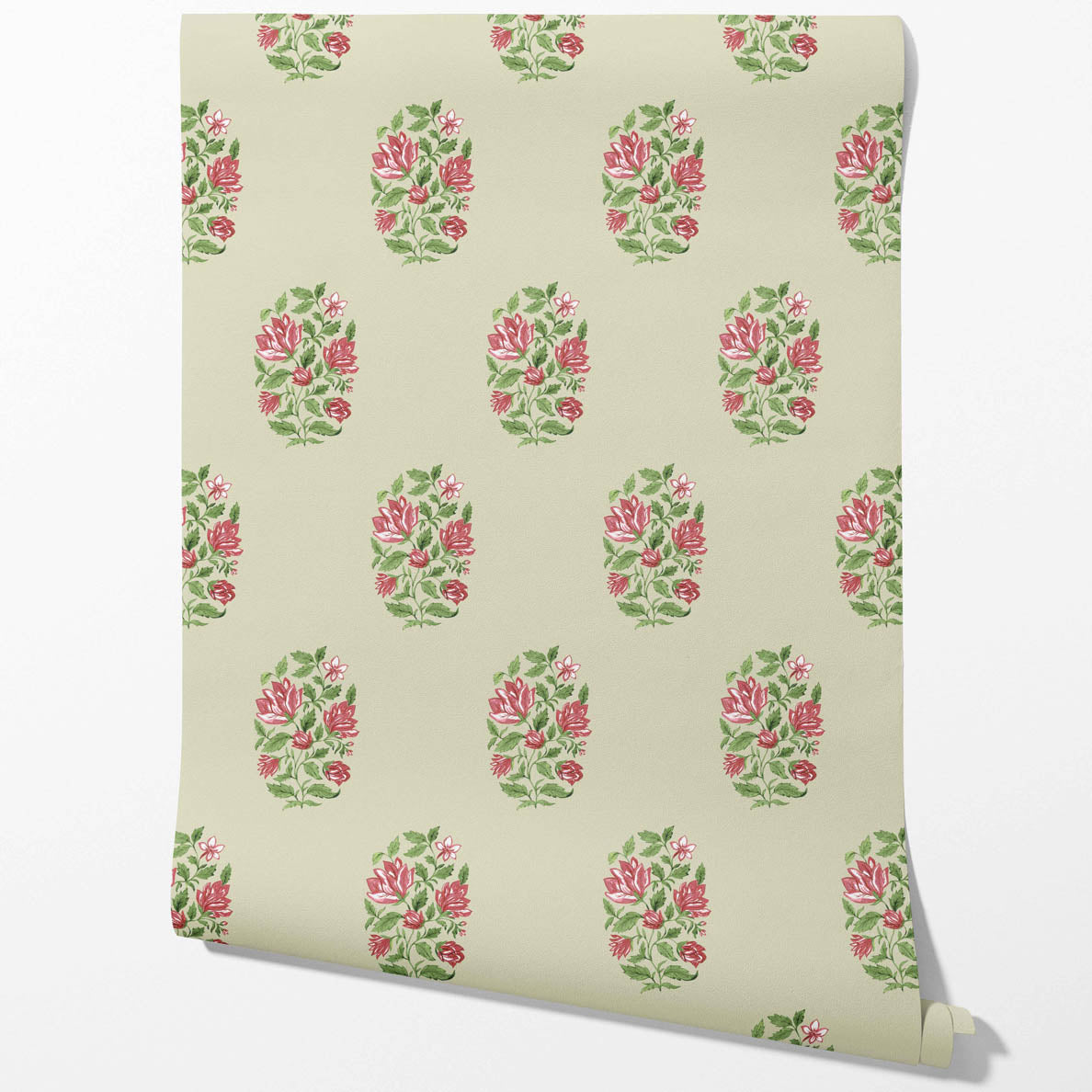 Floral Block Print Kitchen Wallpaper Sample (Sage Green/ Pink-Red)