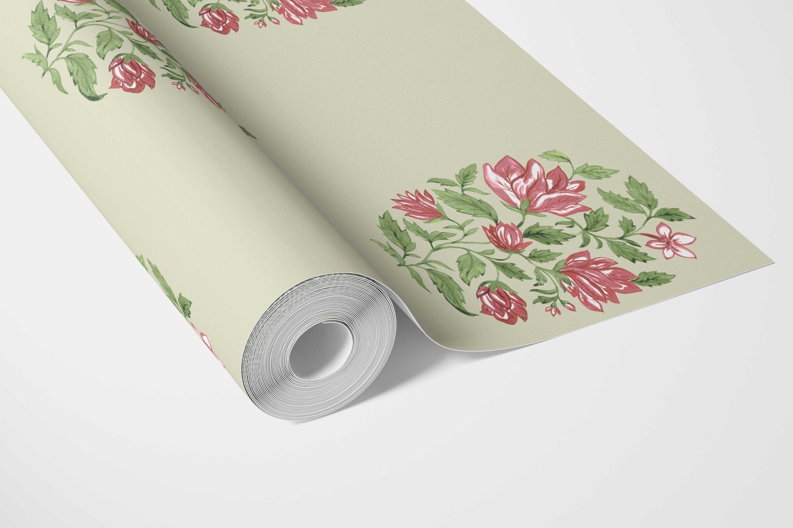 Floral Block Print Bathroom Wallpaper Sample (Sage Green/ Pink-Red)