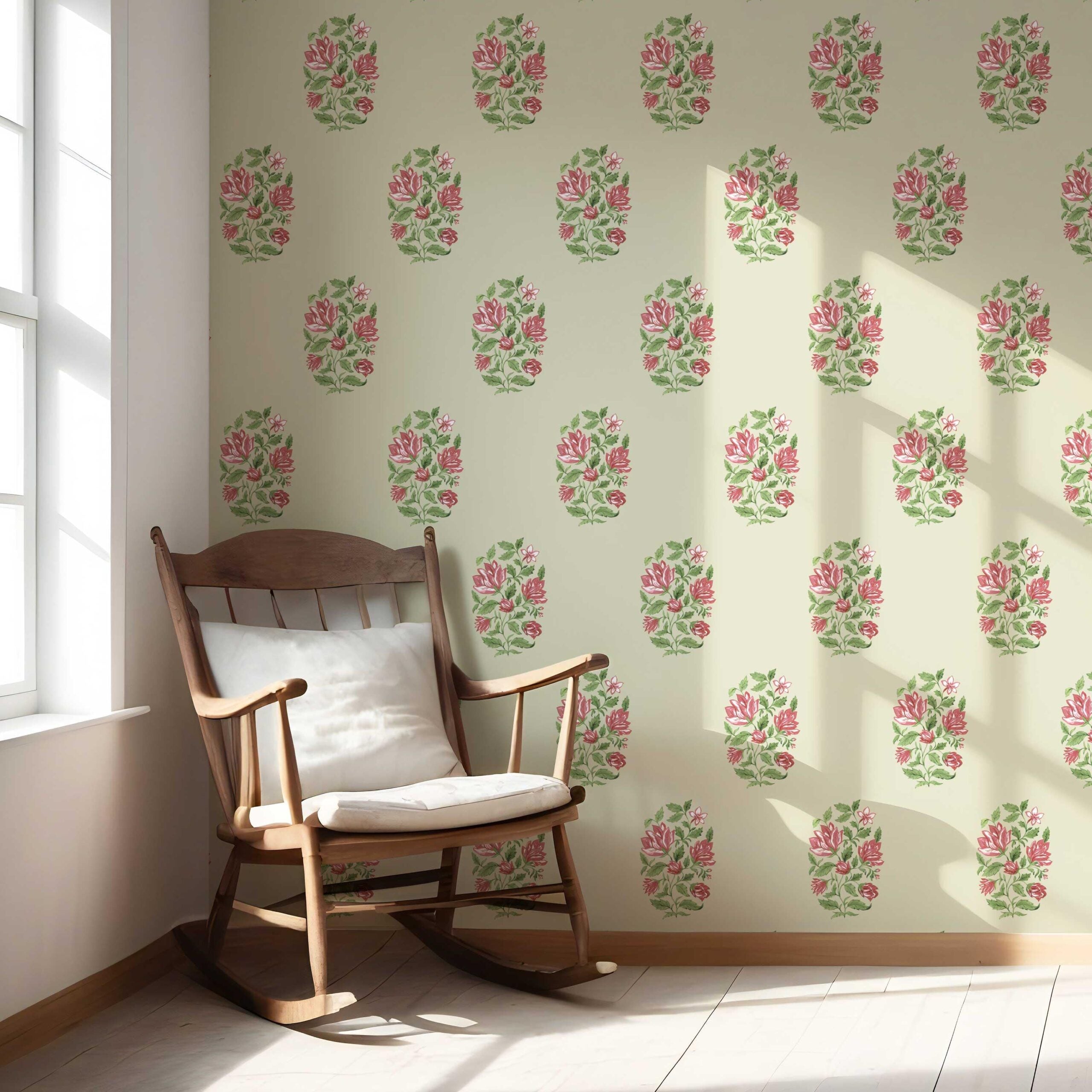 Floral Block Print Nursery Wallpaper Sample (Sage Green/ Pink-Red)