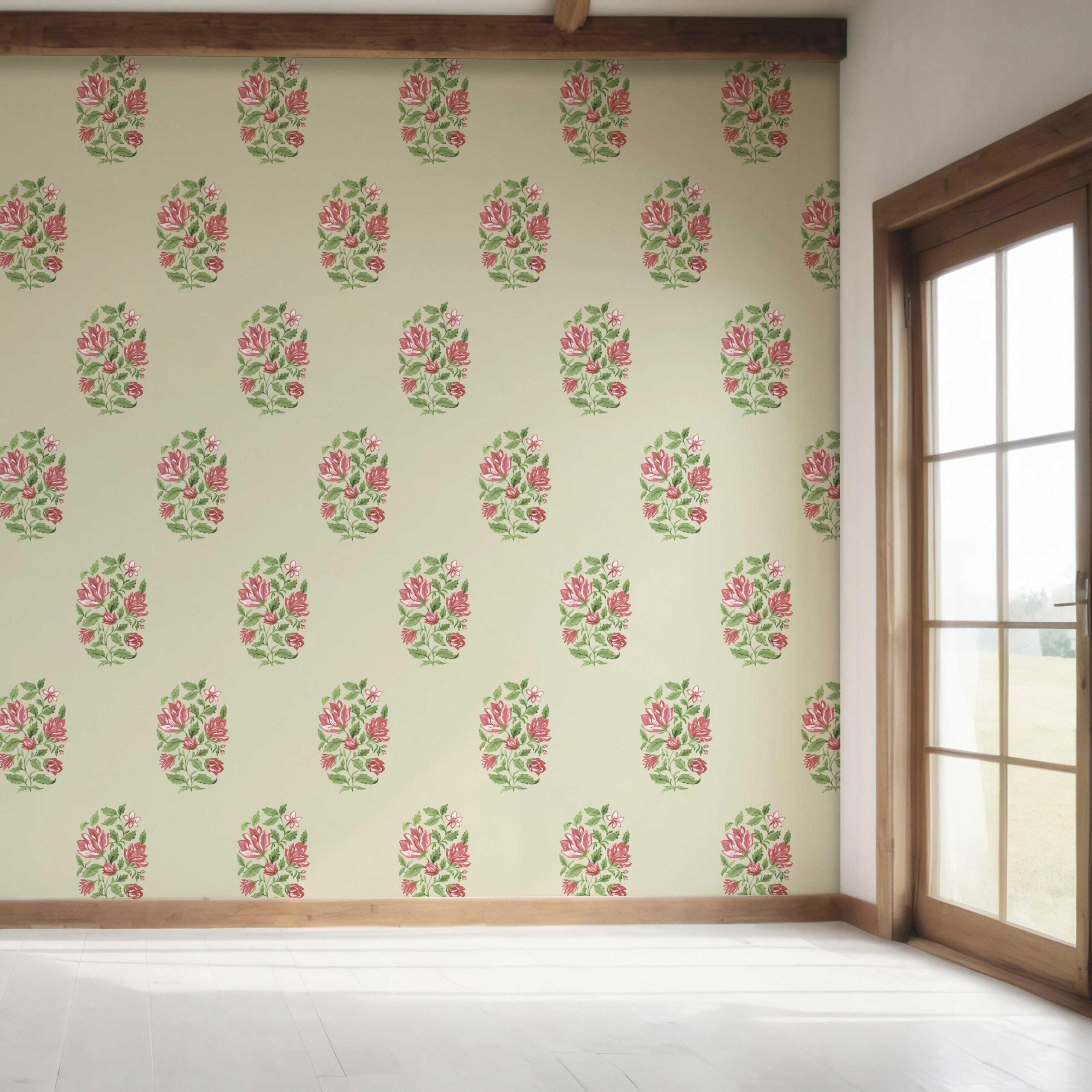 Floral Block Print Bedroom Wallpaper Sample (Sage Green/ Pink-Red)