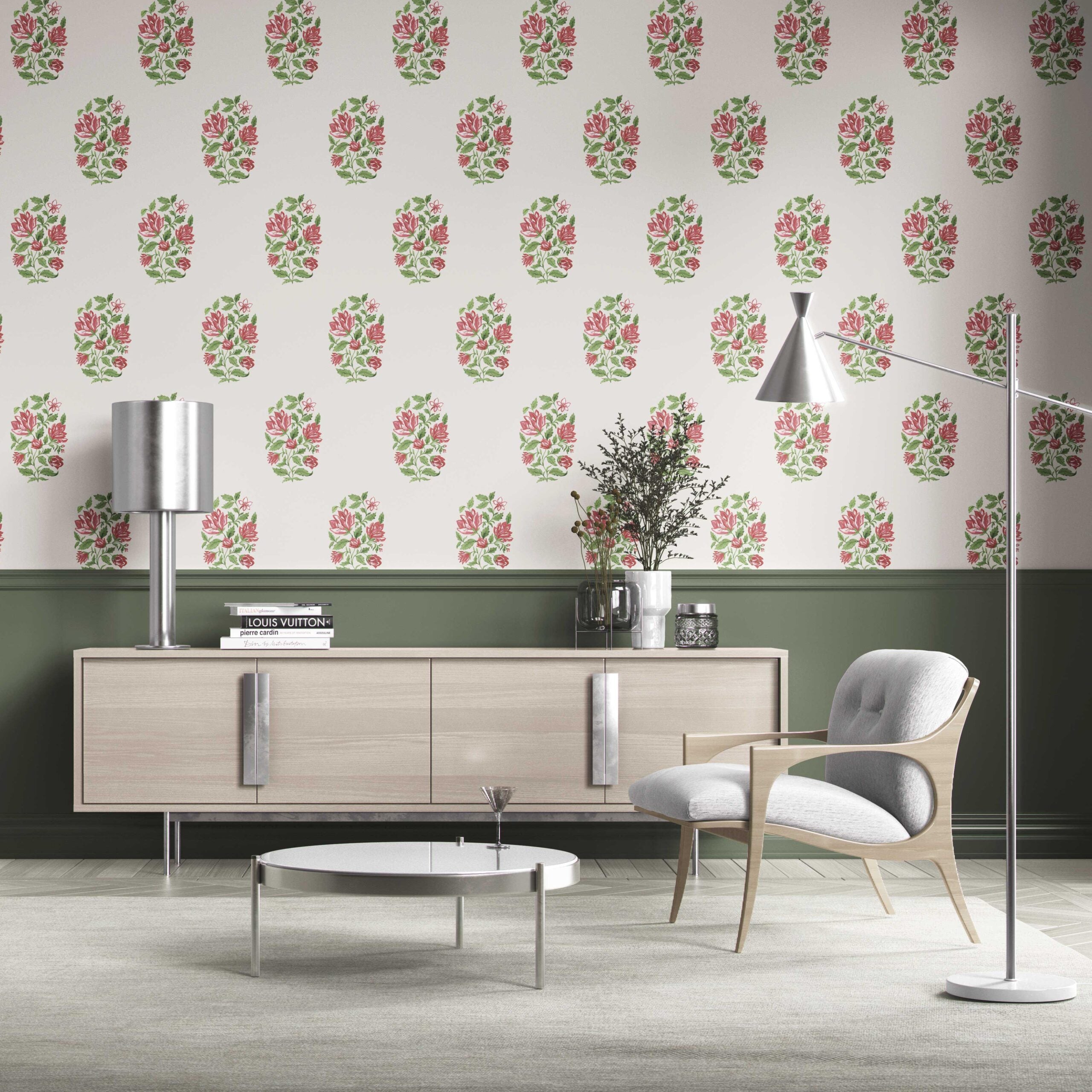Floral Block Print Traditional Wallpaper Sample (White/ Green/ Pink-Red)