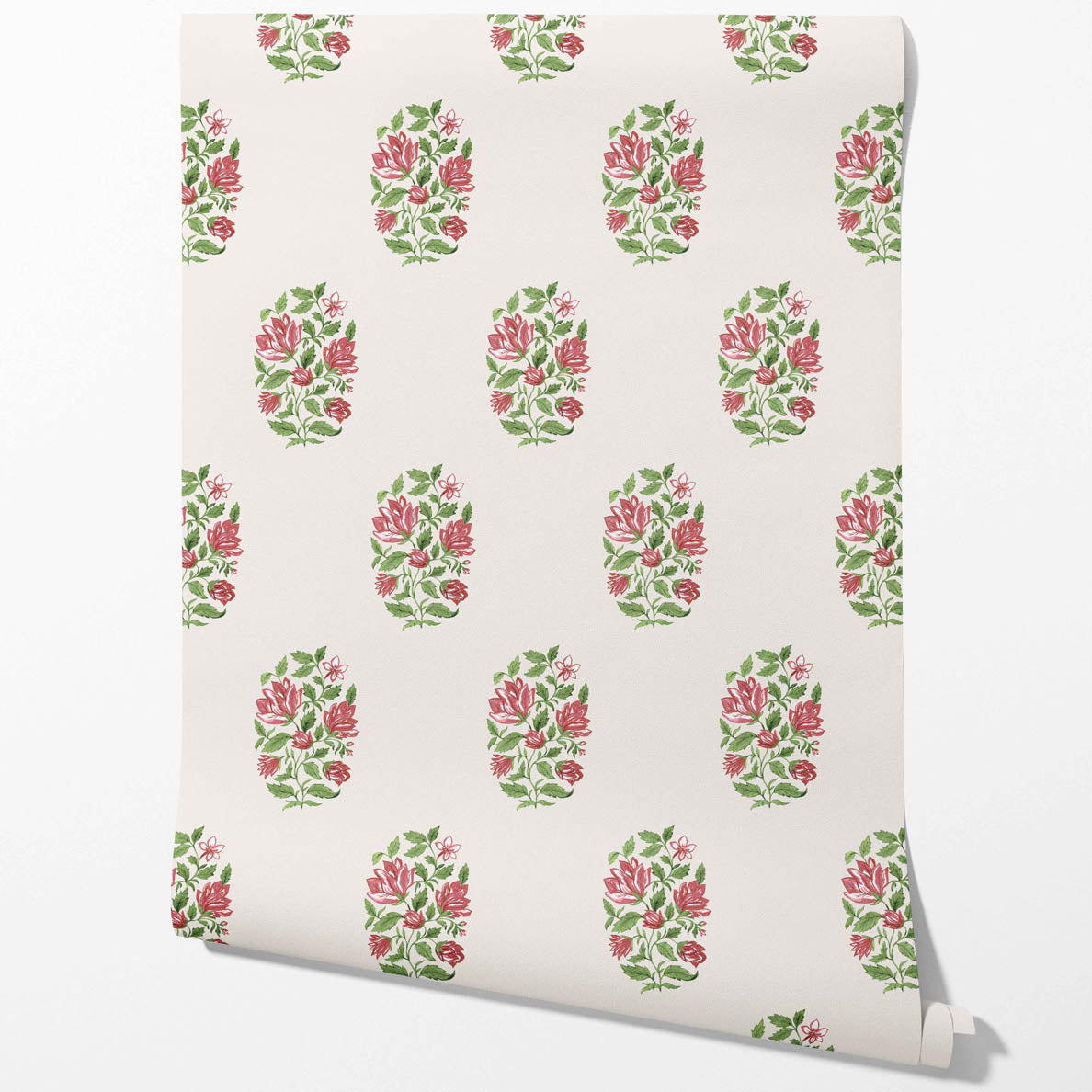 Floral Block Print Kitchen Wallpaper Sample (White/ Green/ Pink-Red)