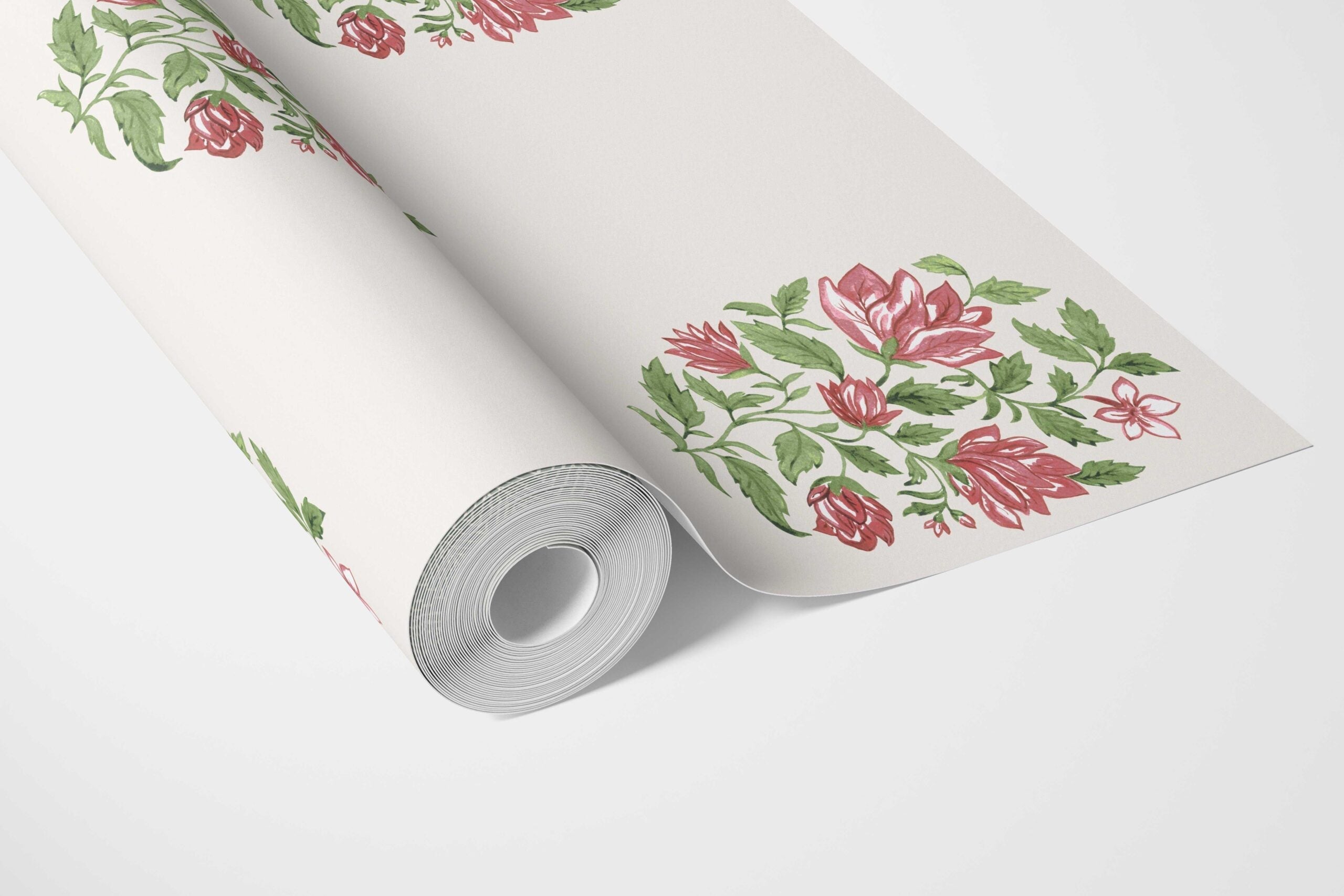 Floral Block Print Bathroom Wallpaper Sample (White/ Green/ Pink-Red)