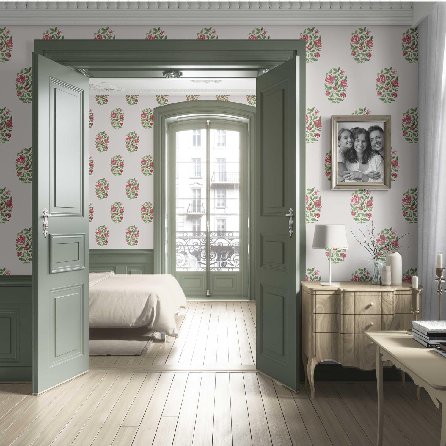 Floral Block Print Living Room Wallpaper Sample (White/ Green/ Pink-Red)