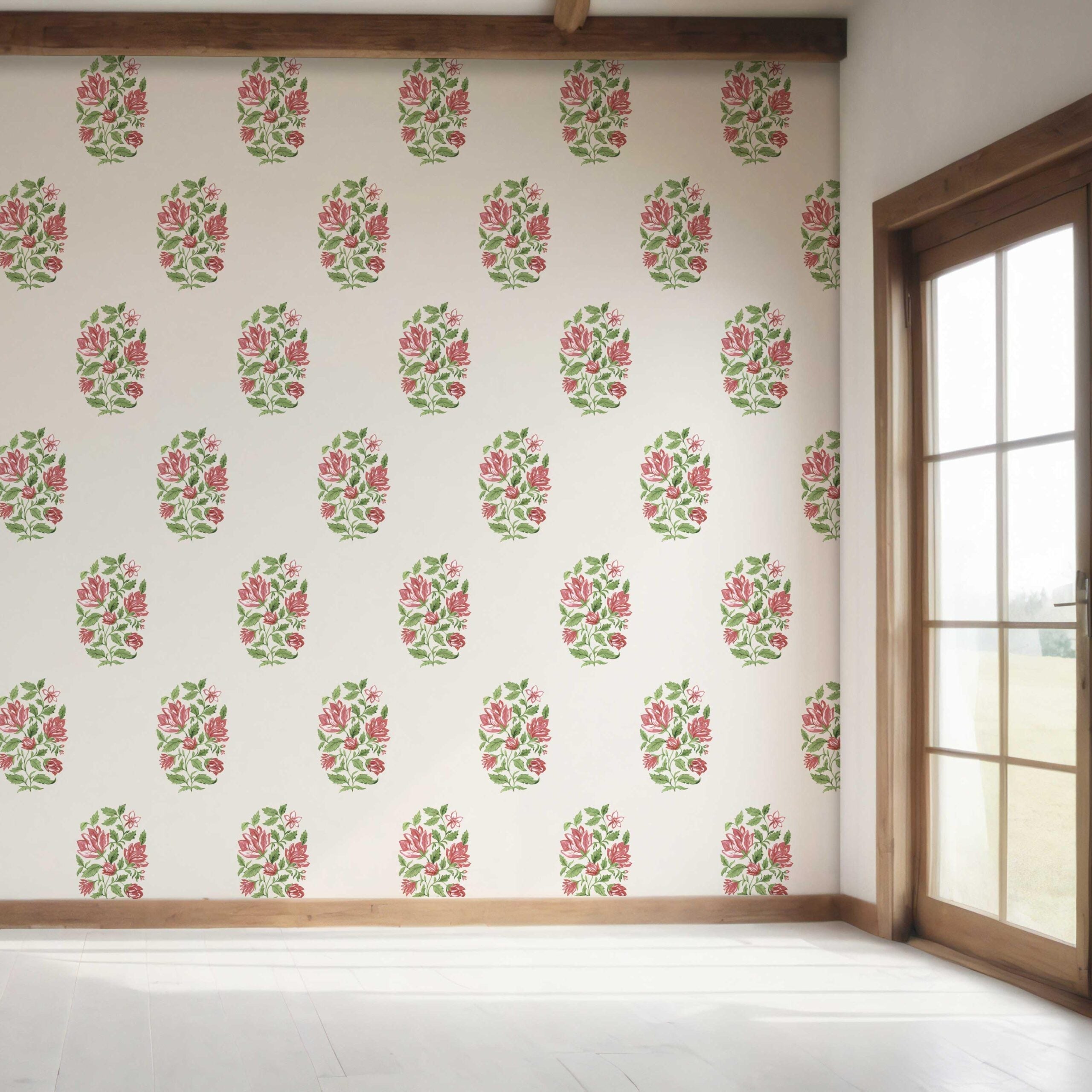 Floral Block Print Bedroom Wallpaper Sample (White/ Green/ Pink-Red)