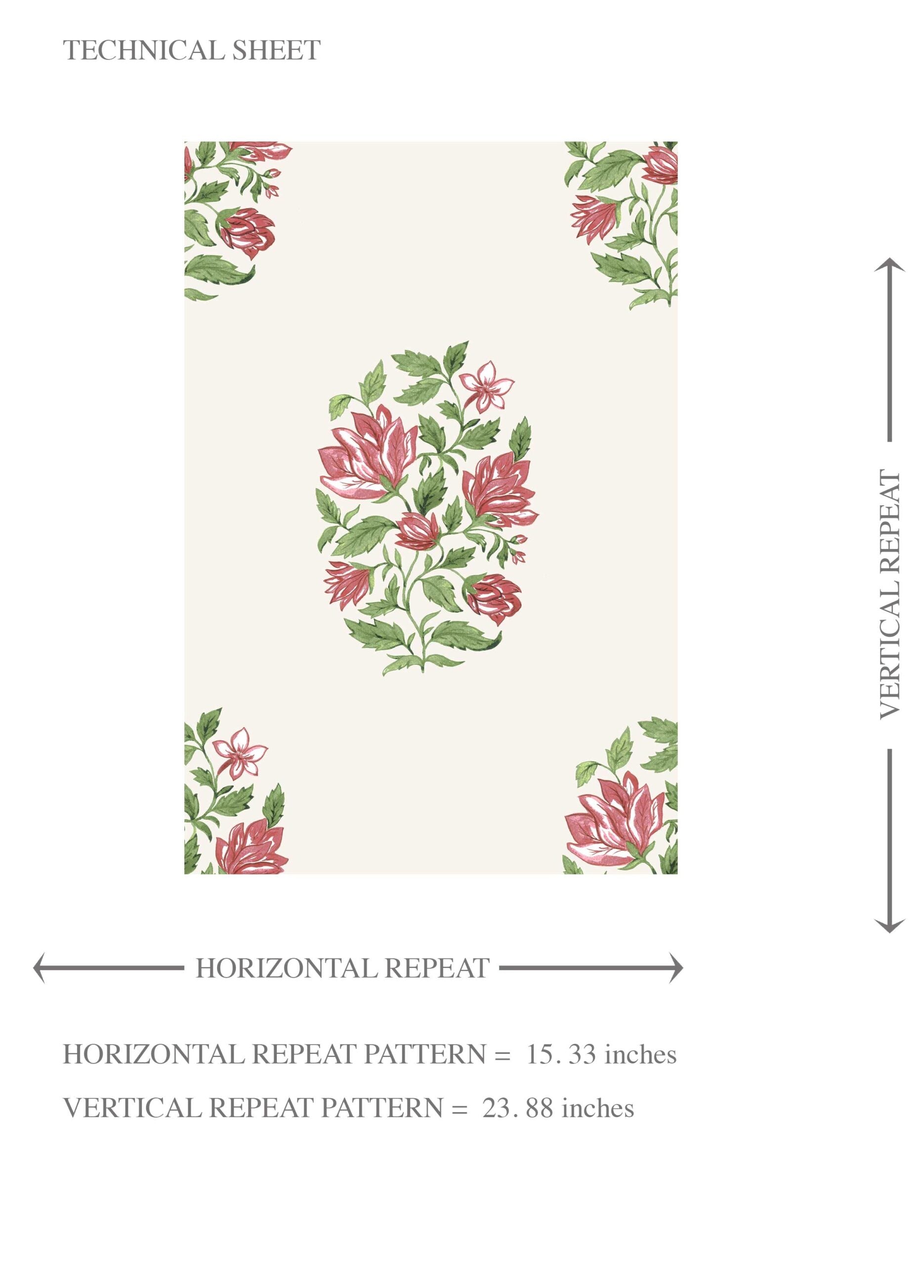 Floral Block Print Kids Room Wallpaper Sample (White/ Green/ Pink-Red)
