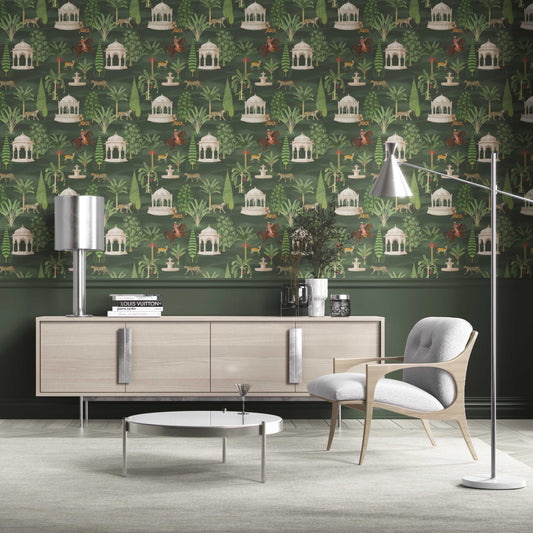 Vintage Heritage/ Ethnic Chinoiserie Traditional Wallpaper (Green/ White/ Brown/ Red)