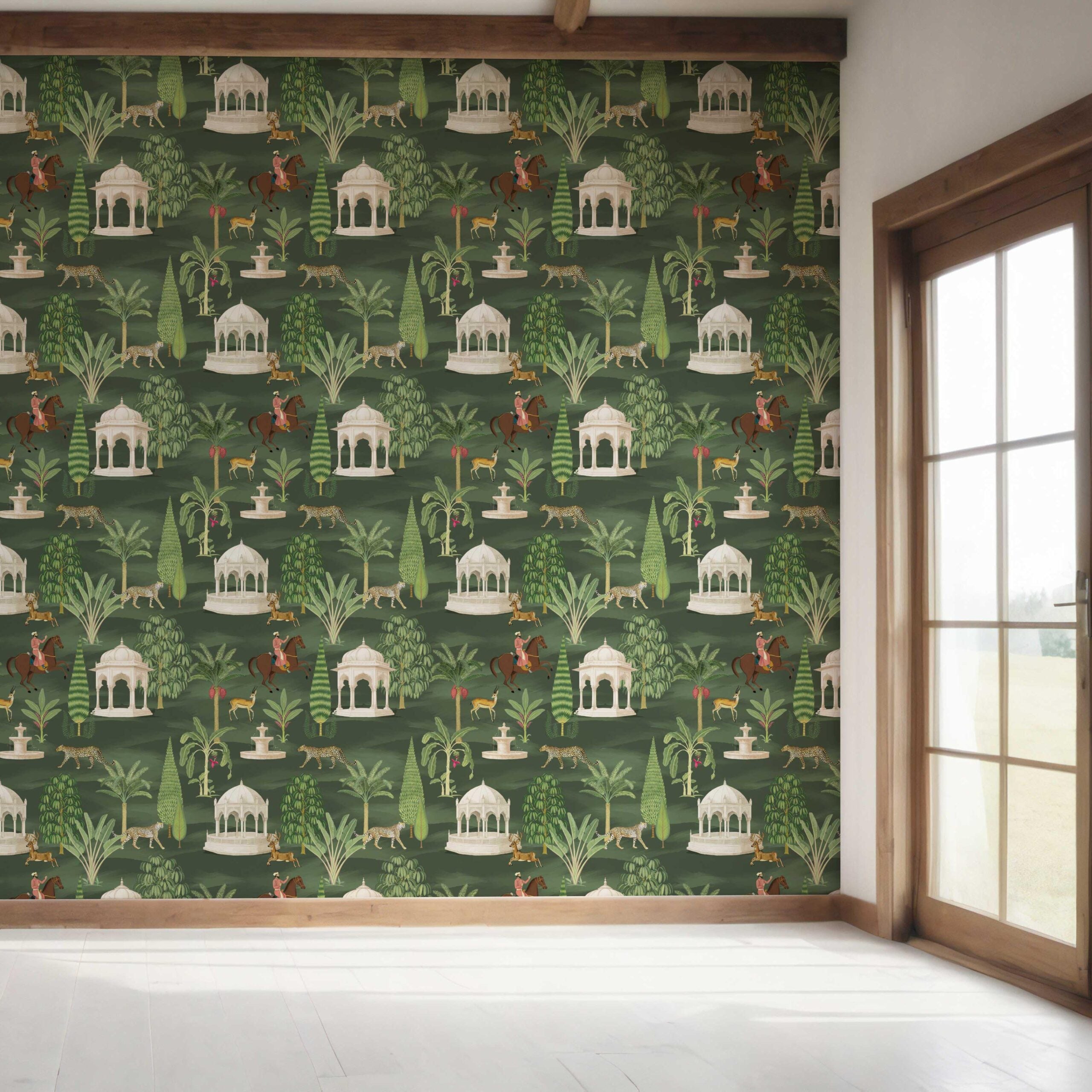 Vintage Heritage/ Ethnic Chinoiserie Bedroom Wallpaper Sample (Green/ White/ Brown/ Red)