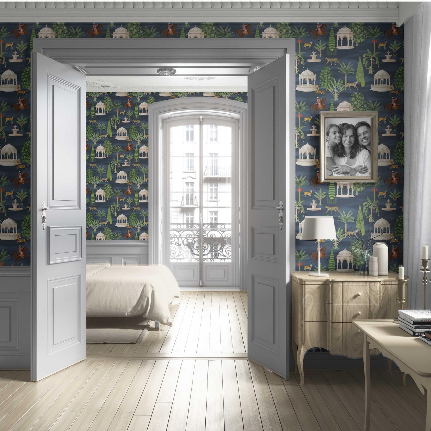 Vintage Heritage/ Ethnic Chinoiserie Living Room Wallpaper Sample (Navy Blue/ Green/ White/ Brown/ Red)