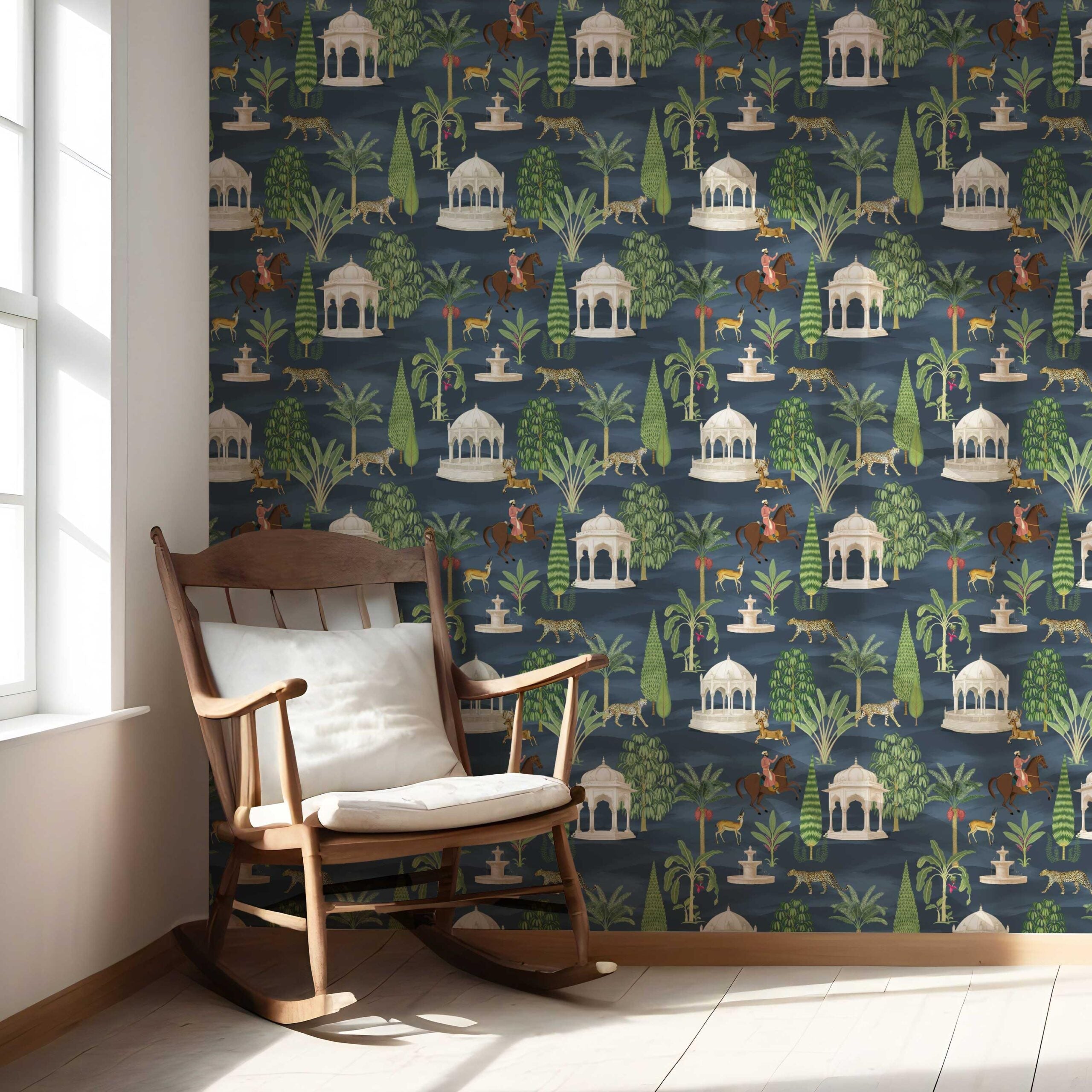 Vintage Heritage/ Ethnic Chinoiserie Nursery Wallpaper Sample (Navy Blue/ Green/ White/ Brown/ Red)