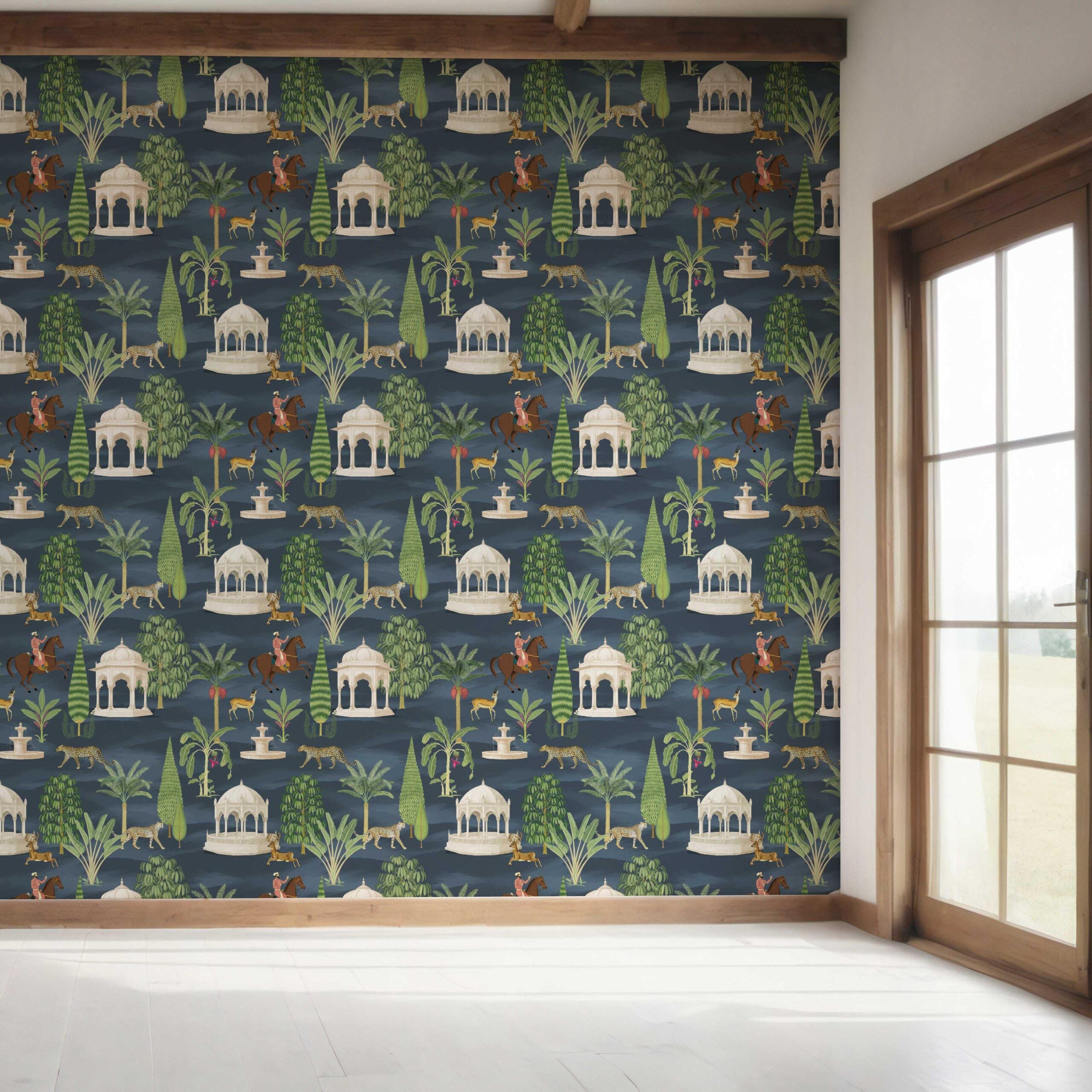 Vintage Heritage/ Ethnic Chinoiserie Bedroom Wallpaper Sample (Navy Blue/ Green/ White/ Brown/ Red)