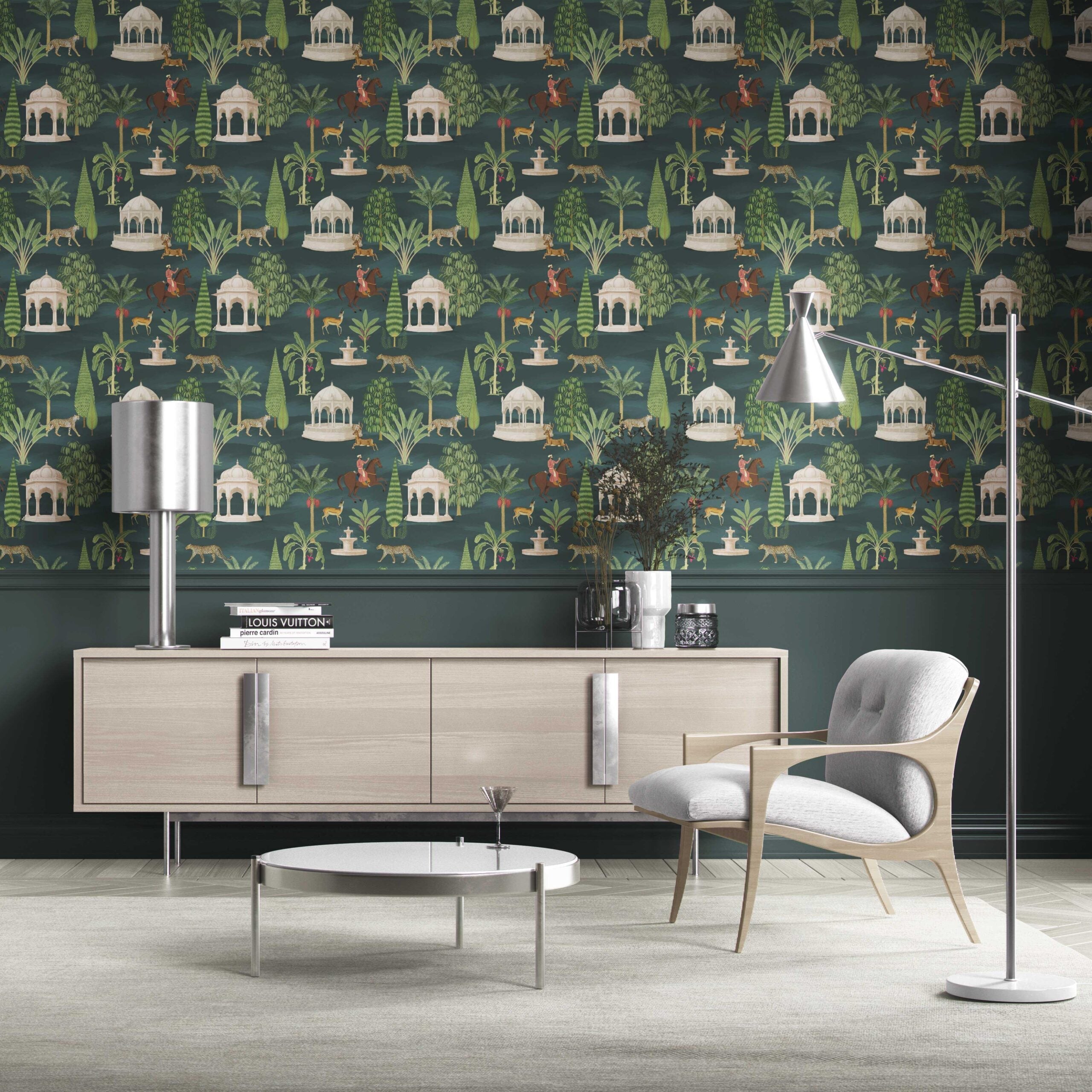 Vintage Heritage/ Ethnic Chinoiserie Traditional Wallpaper Sample (Teal Green/ White/ Brown/ Red)