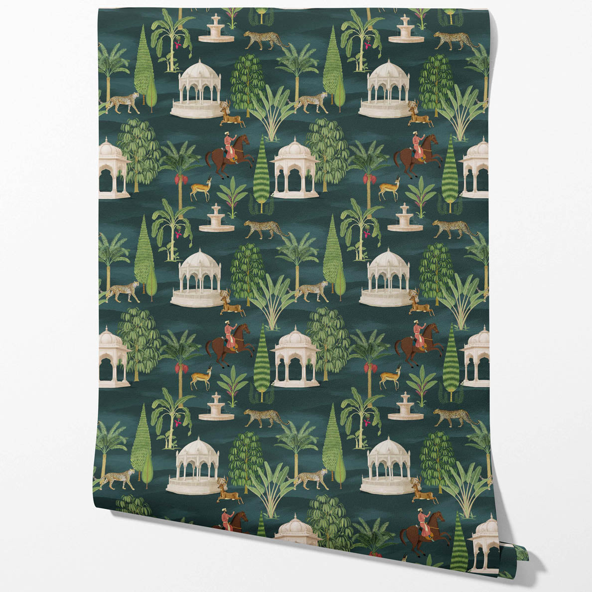Vintage Heritage/ Ethnic Chinoiserie Kitchen Wallpaper Sample (Teal Green/ White/ Brown/ Red)