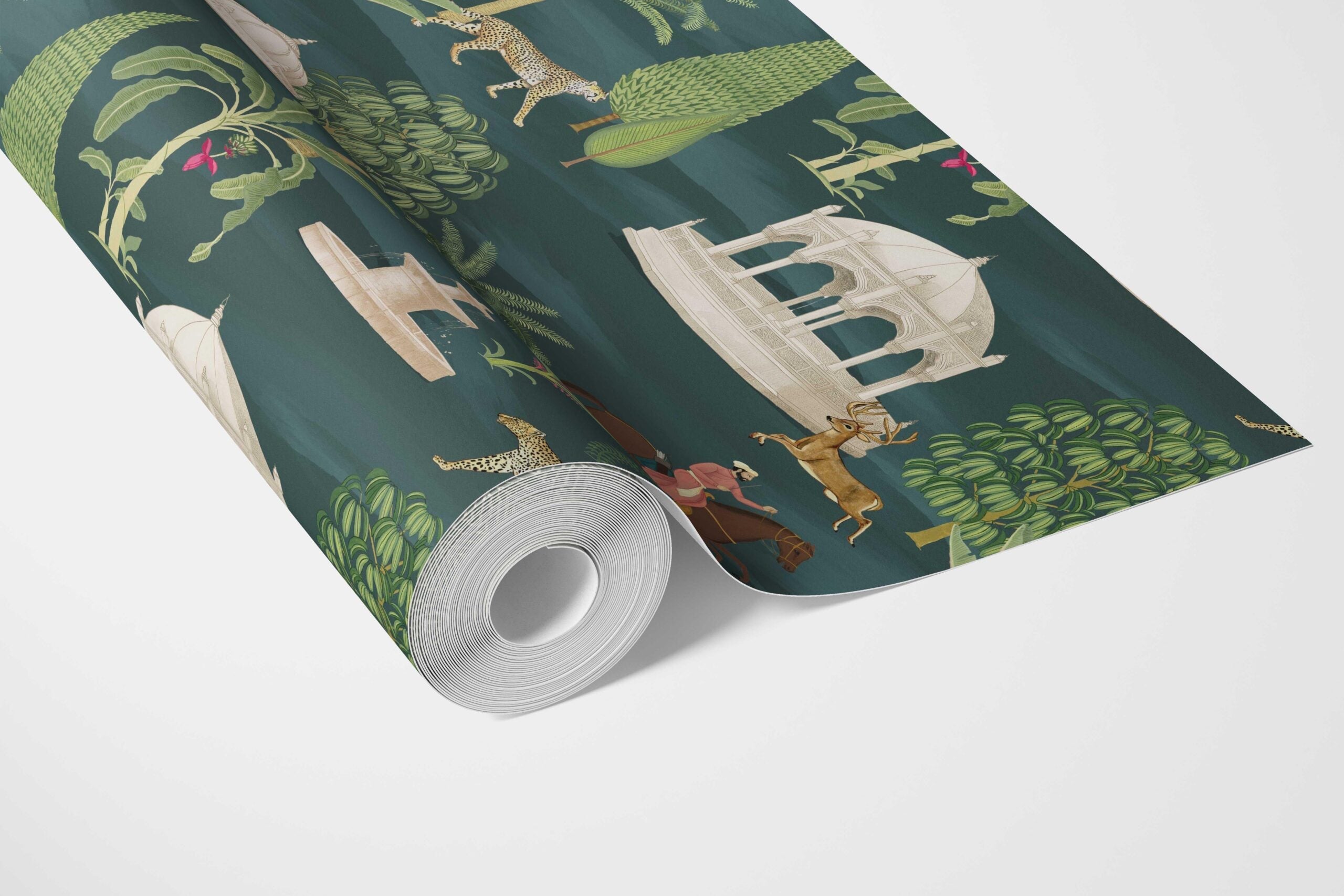 Vintage Heritage/ Ethnic Chinoiserie Bathroom Wallpaper (Teal Green/ White/ Brown/ Red)