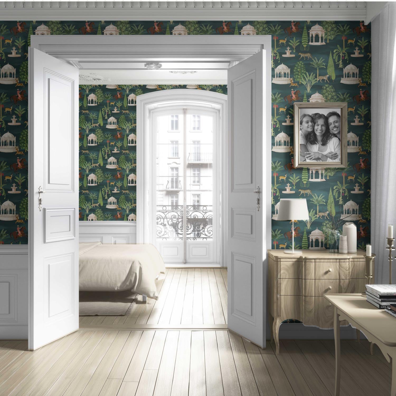 Vintage Heritage/ Ethnic Chinoiserie Living Room Wallpaper Sample (Teal Green/ White/ Brown/ Red)