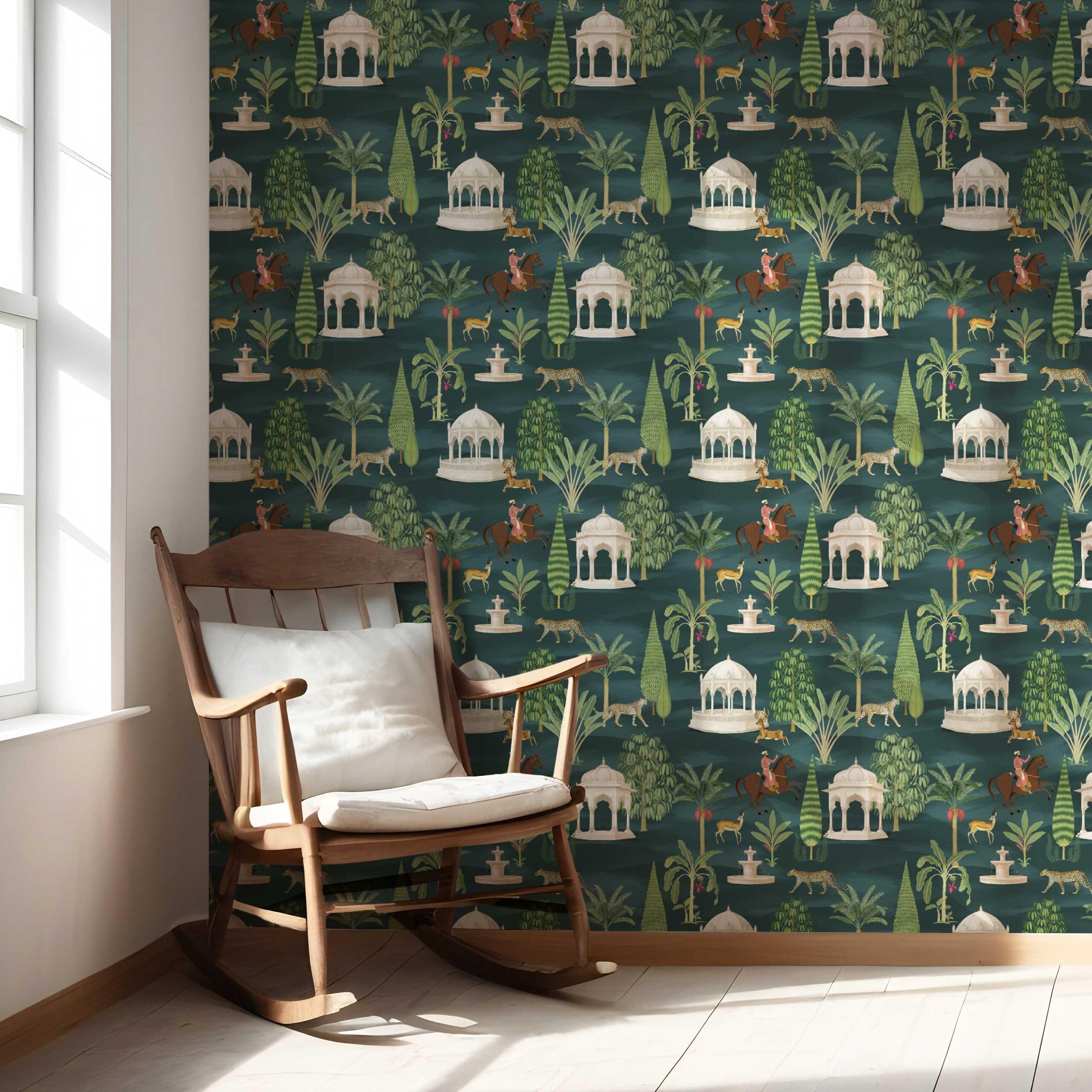 Vintage Heritage/ Ethnic Chinoiserie Nursery Wallpaper Sample (Teal Green/ White/ Brown/ Red)