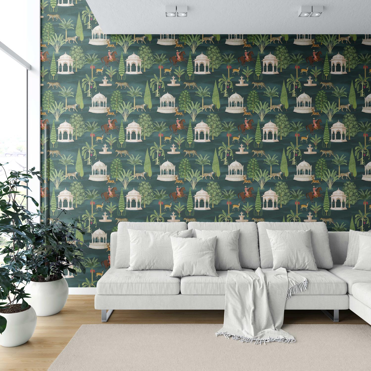 Vintage Heritage/ Ethnic Chinoiserie Shower Toilet Wallpaper Sample (Teal Green/ White/ Brown/ Red)