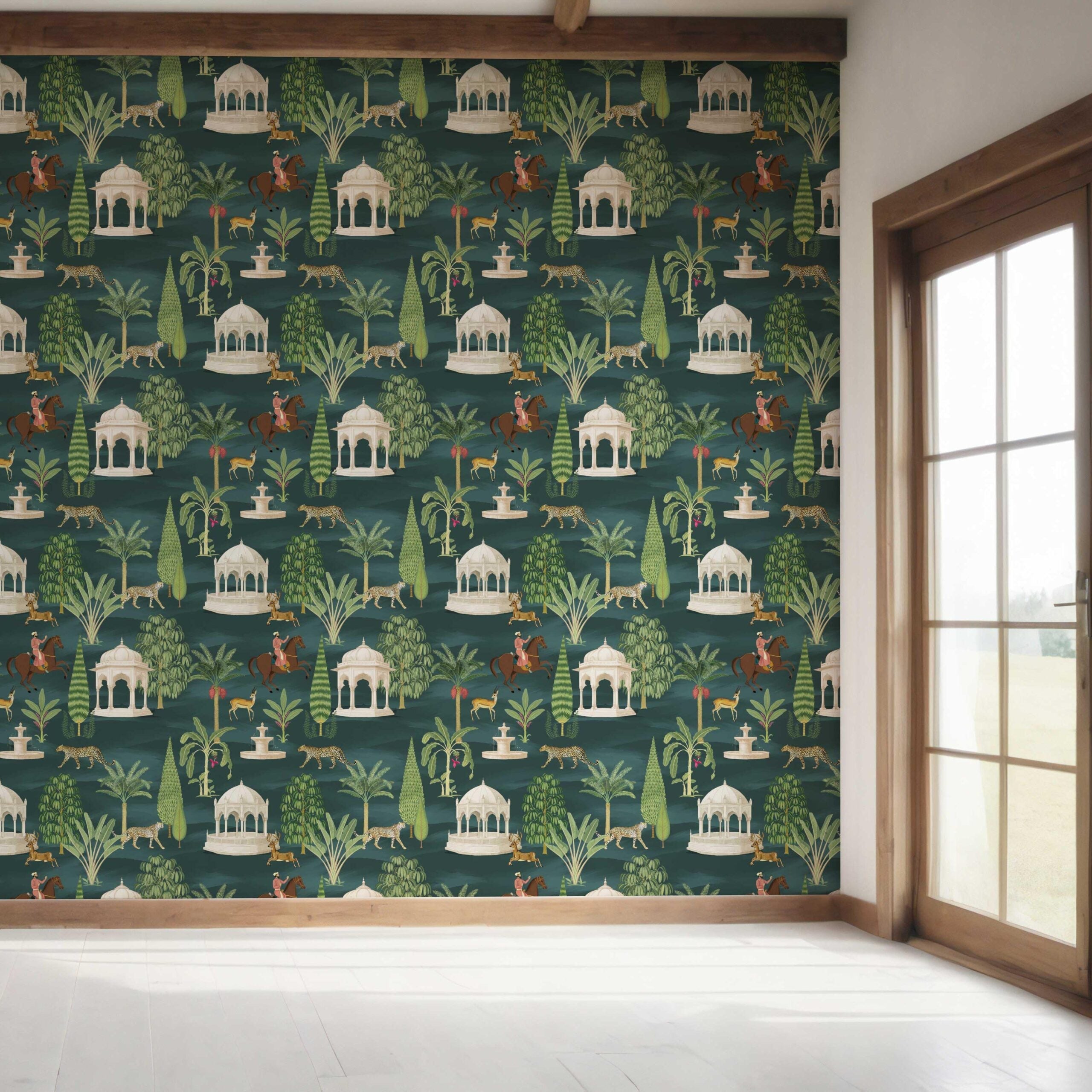 Vintage Heritage/ Ethnic Chinoiserie Bedroom Wallpaper (Teal Green/ White/ Brown/ Red)
