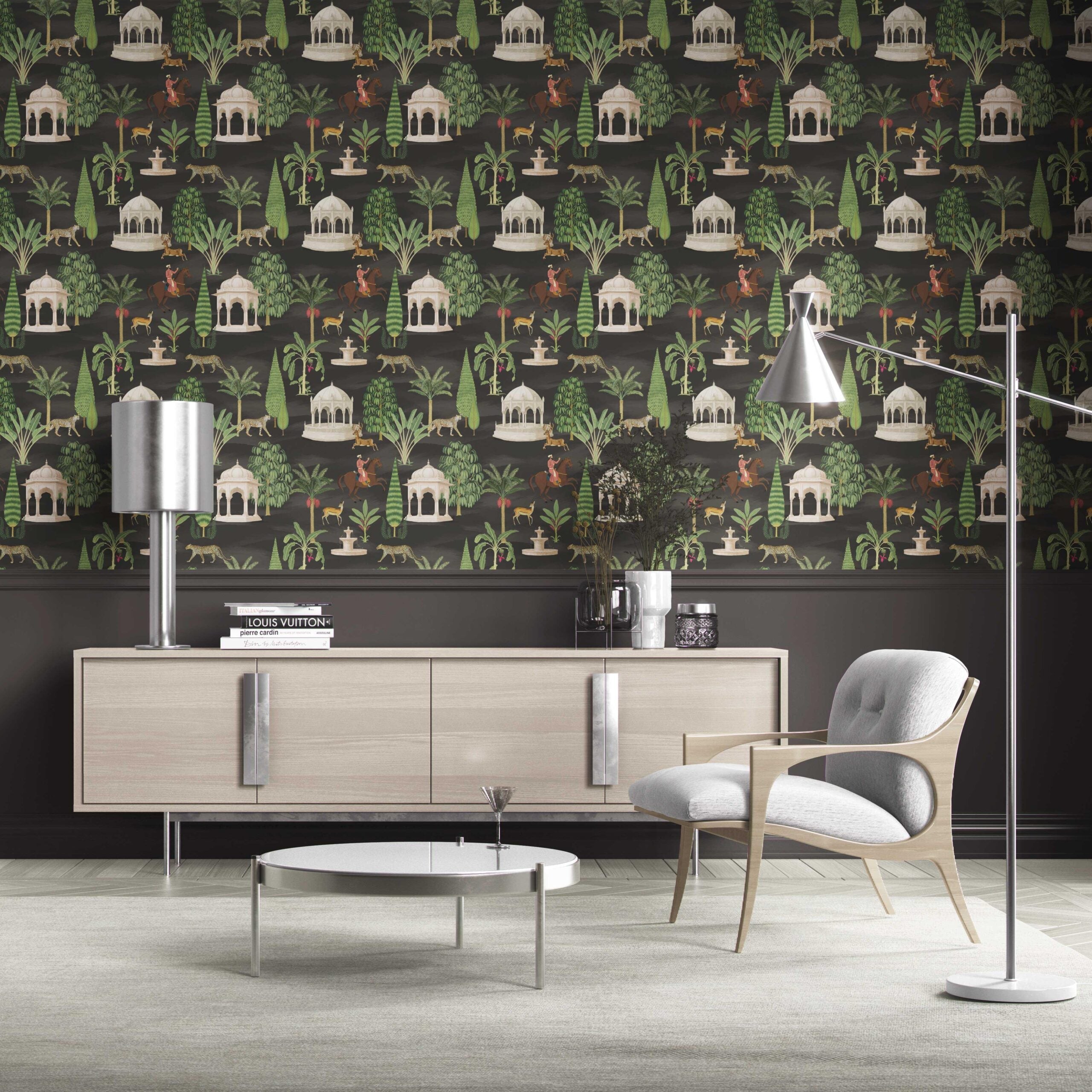Vintage Heritage/ Ethnic Chinoiserie Traditional Wallpaper Sample (Black/ Brown/ White/ Red)