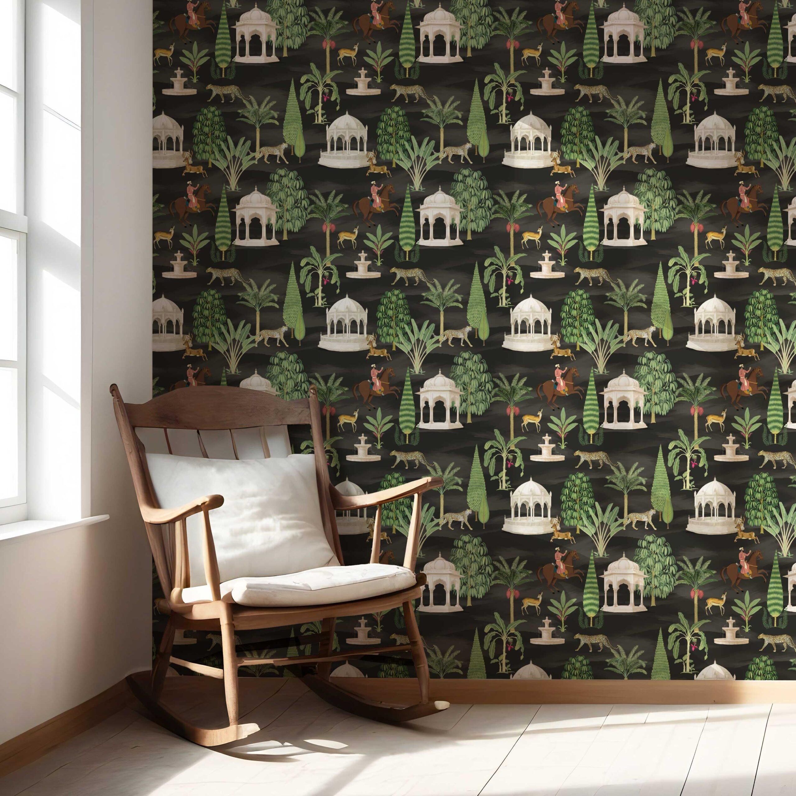 Vintage Heritage/ Ethnic Chinoiserie Nursery Wallpaper Sample (Black/ Brown/ White/ Red)