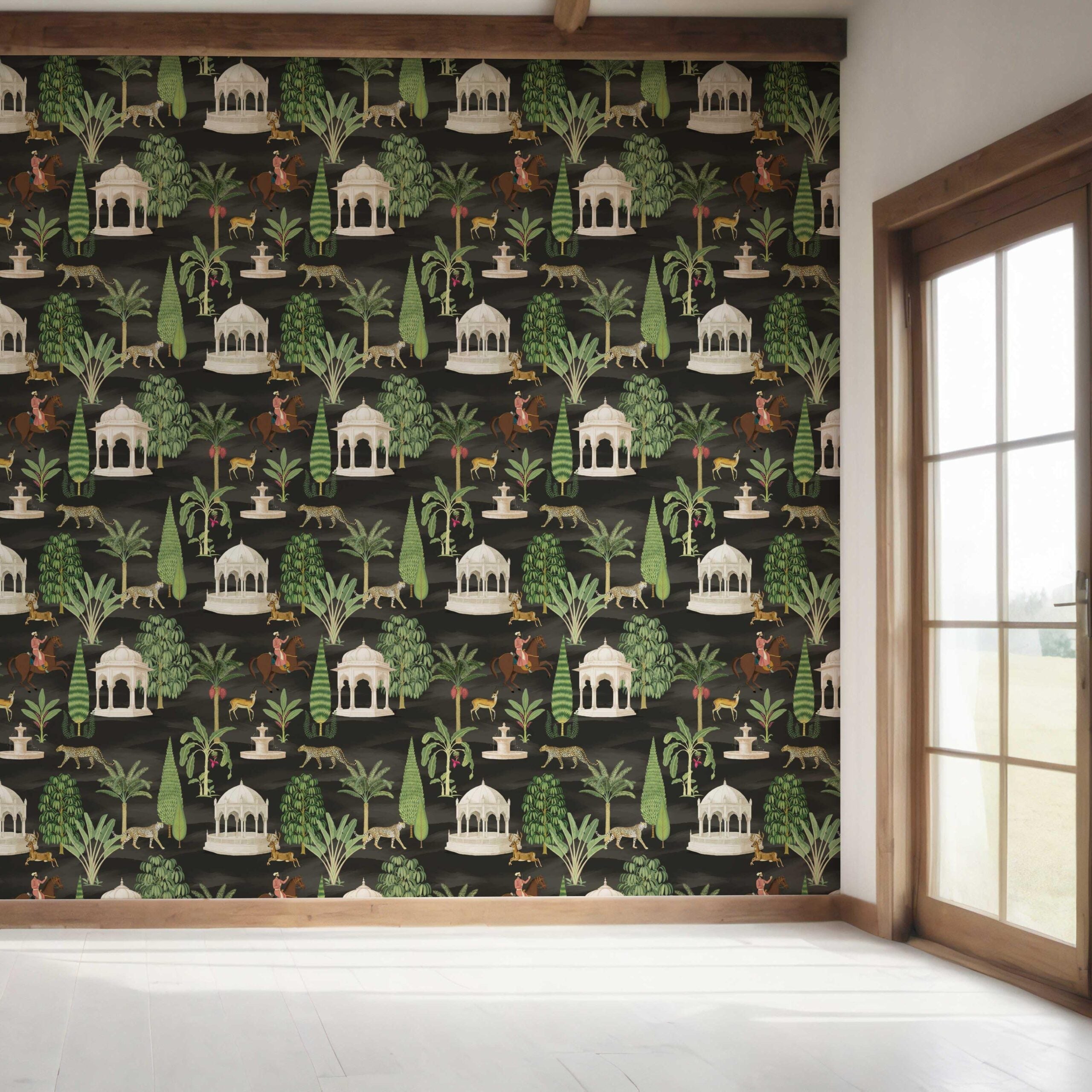 Vintage Heritage/ Ethnic Chinoiserie Bedroom Wallpaper Sample (Black/ Brown/ White/ Red)