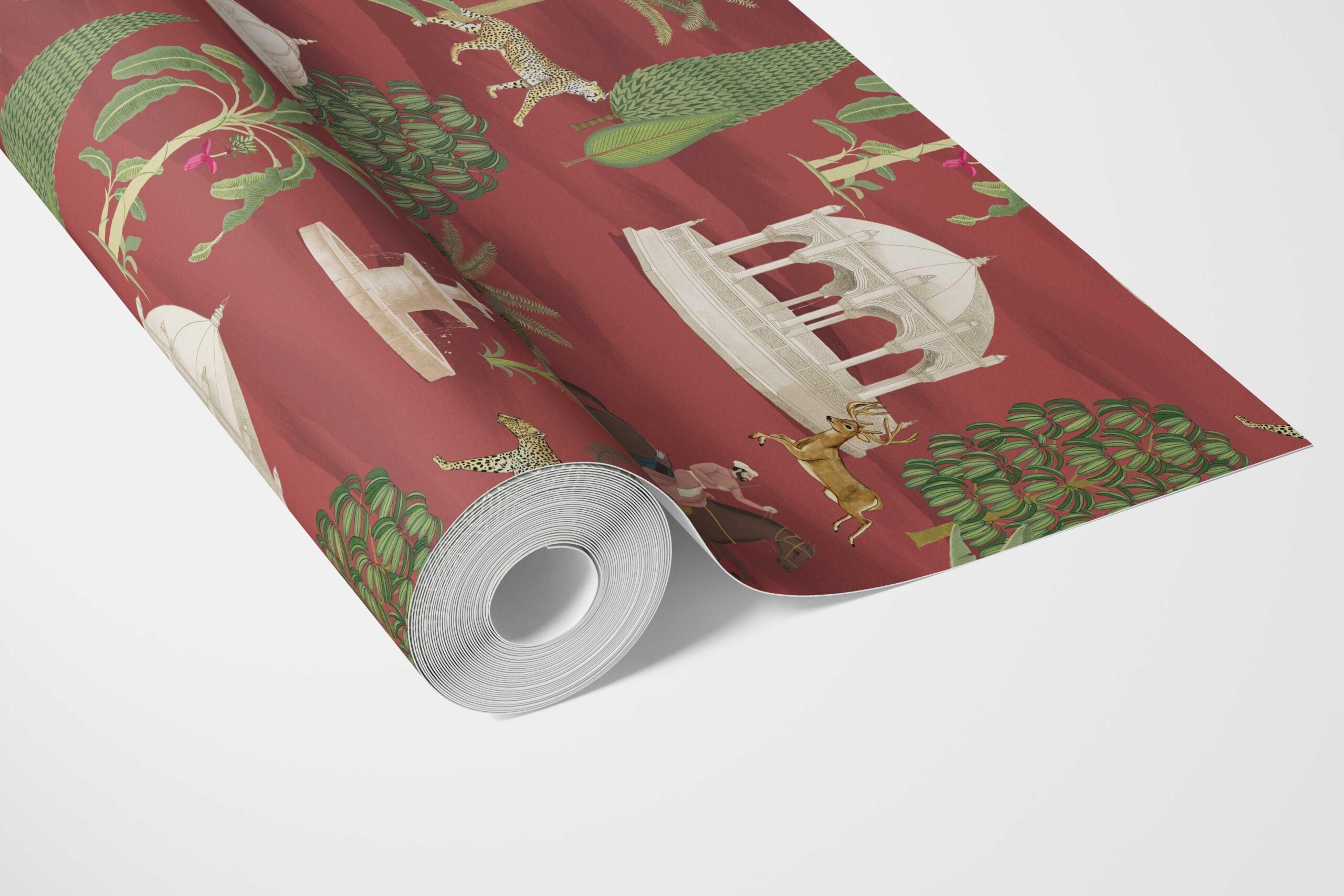 Vintage Heritage/ Ethnic Chinoiserie Bathroom Wallpaper Sample (Red/ Green/ White/ Brown)